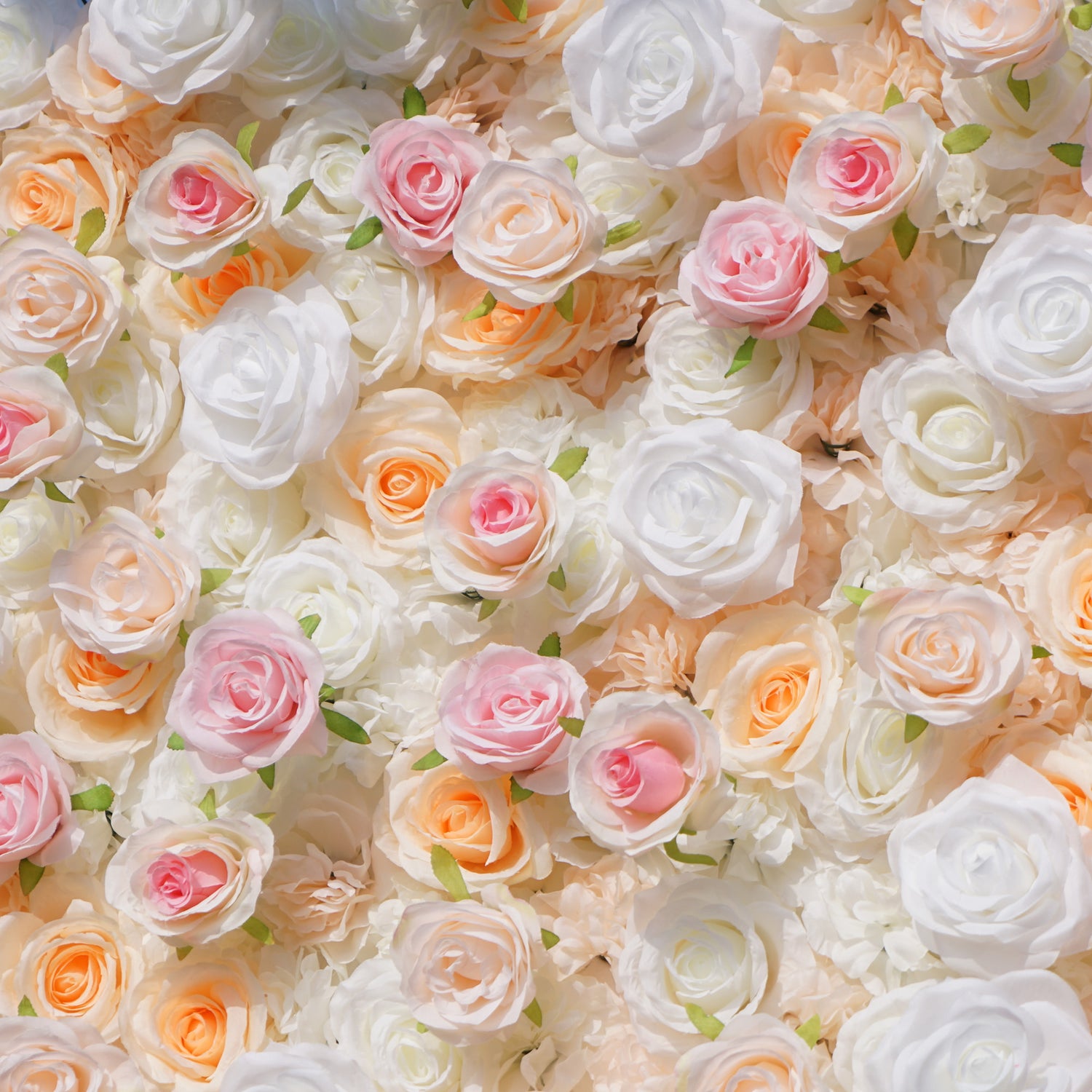 This photo showcases a lush floral wall composed of artificial roses, likely by ValarFlowers. The blooms come in soft shades of white, peach, and pink, creating a romantic and elegant aesthetic. This setup is perfect for events like weddings, where the delicate hues and realistic appearance of the faux flowers add a touch of timeless beauty. The dense arrangement and pastel colors evoke a dreamy, celebratory atmosphere, making it an ideal backdrop for capturing memorable moments.