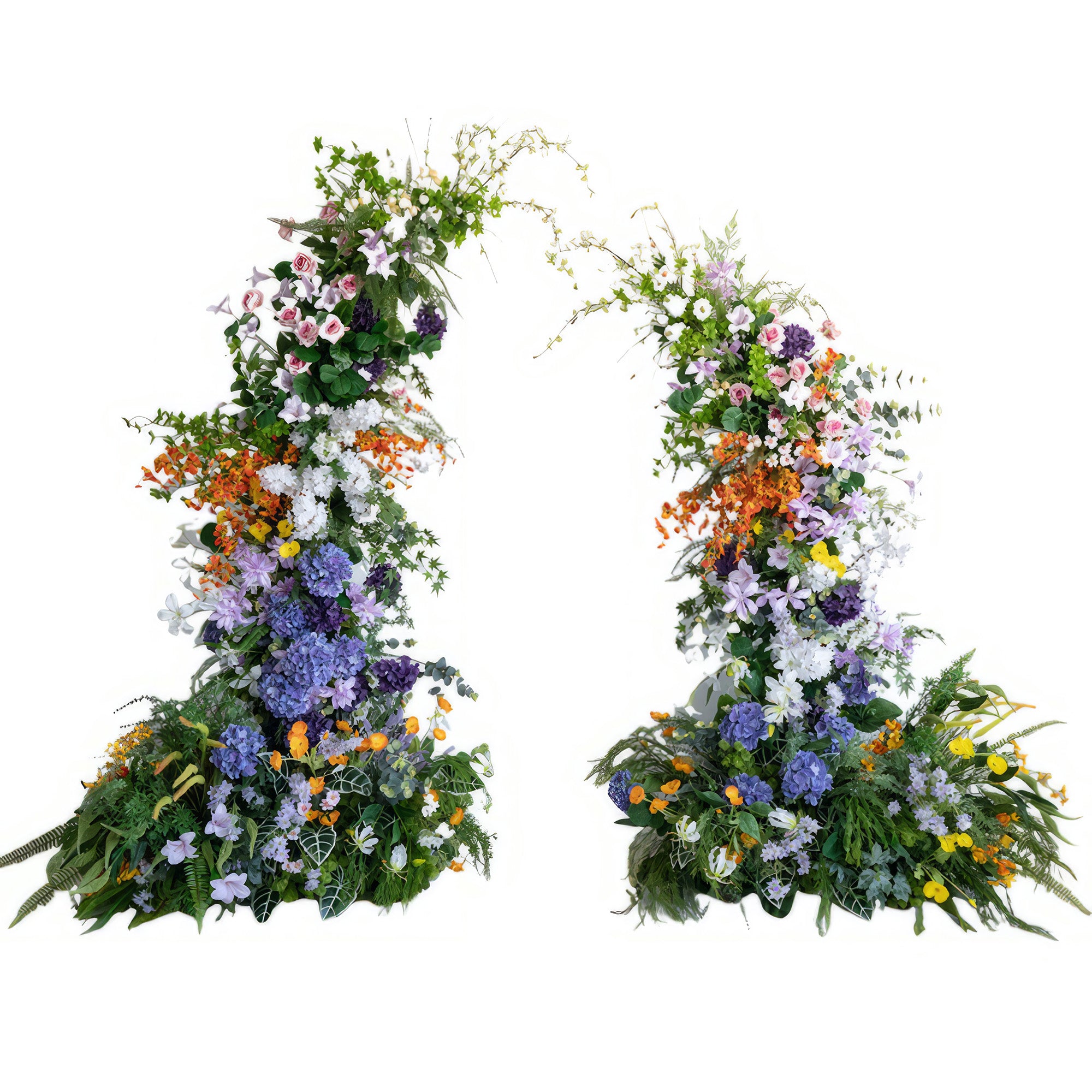 This is a colorful artificial floral arch. It features a rich palette including purple, orange, pink, white, and yellow. There are various flower styles like hydrangeas, roses, and smaller blooms. The overall style is vibrant and full of natural charm.
