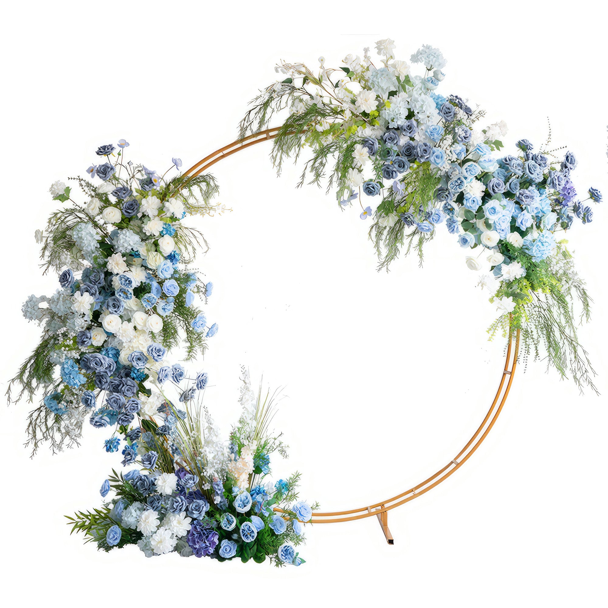 A multicolored artificial flower round arch with a mix of blue, white, and green hues, designed for events and decorations.