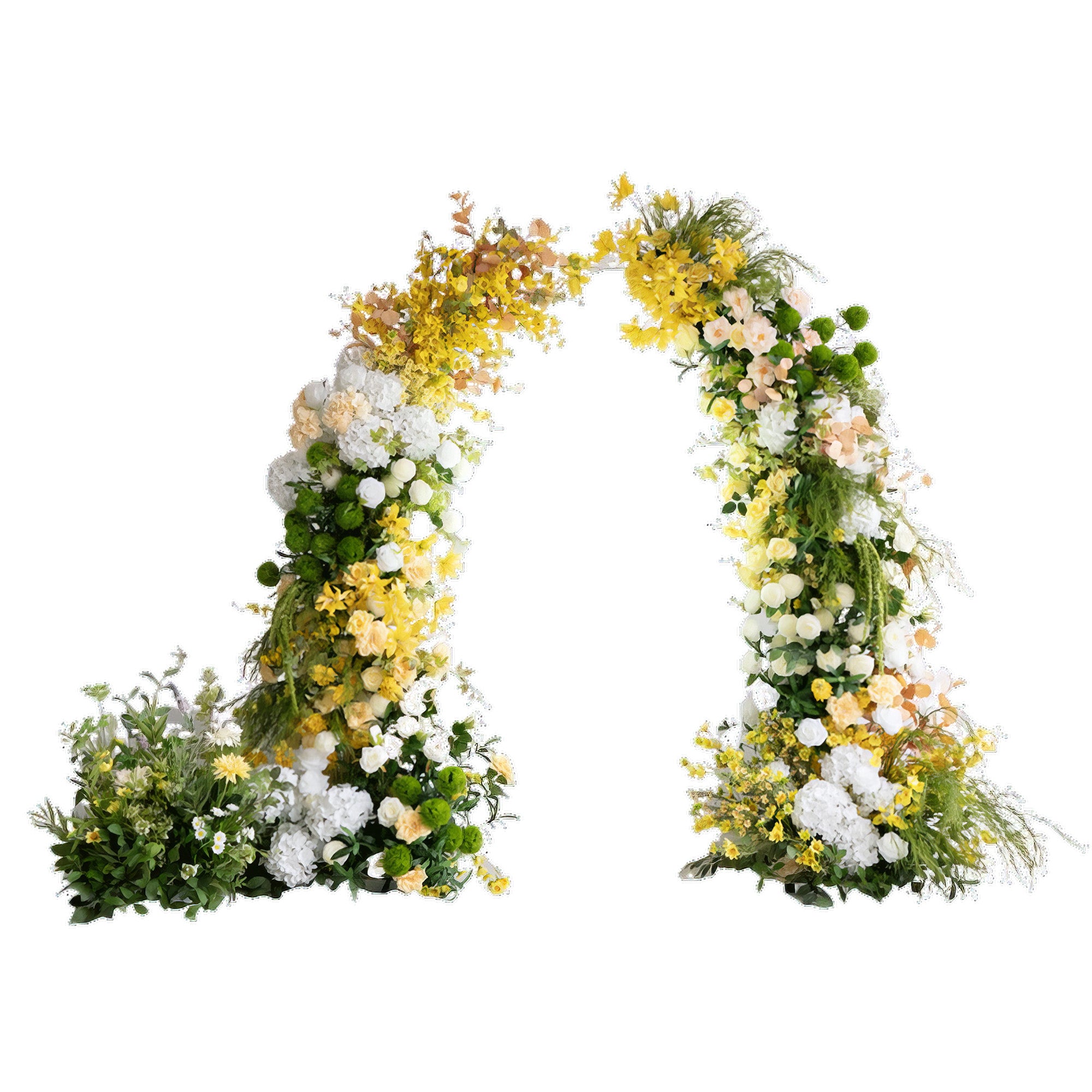 This is an artificial floral arch, featuring a vibrant mix of yellow, white, and green hues. It combines large white hydrangeas, bright yellow flowers, and various green foliage, presenting a fresh, lively, and nature - inspired style.