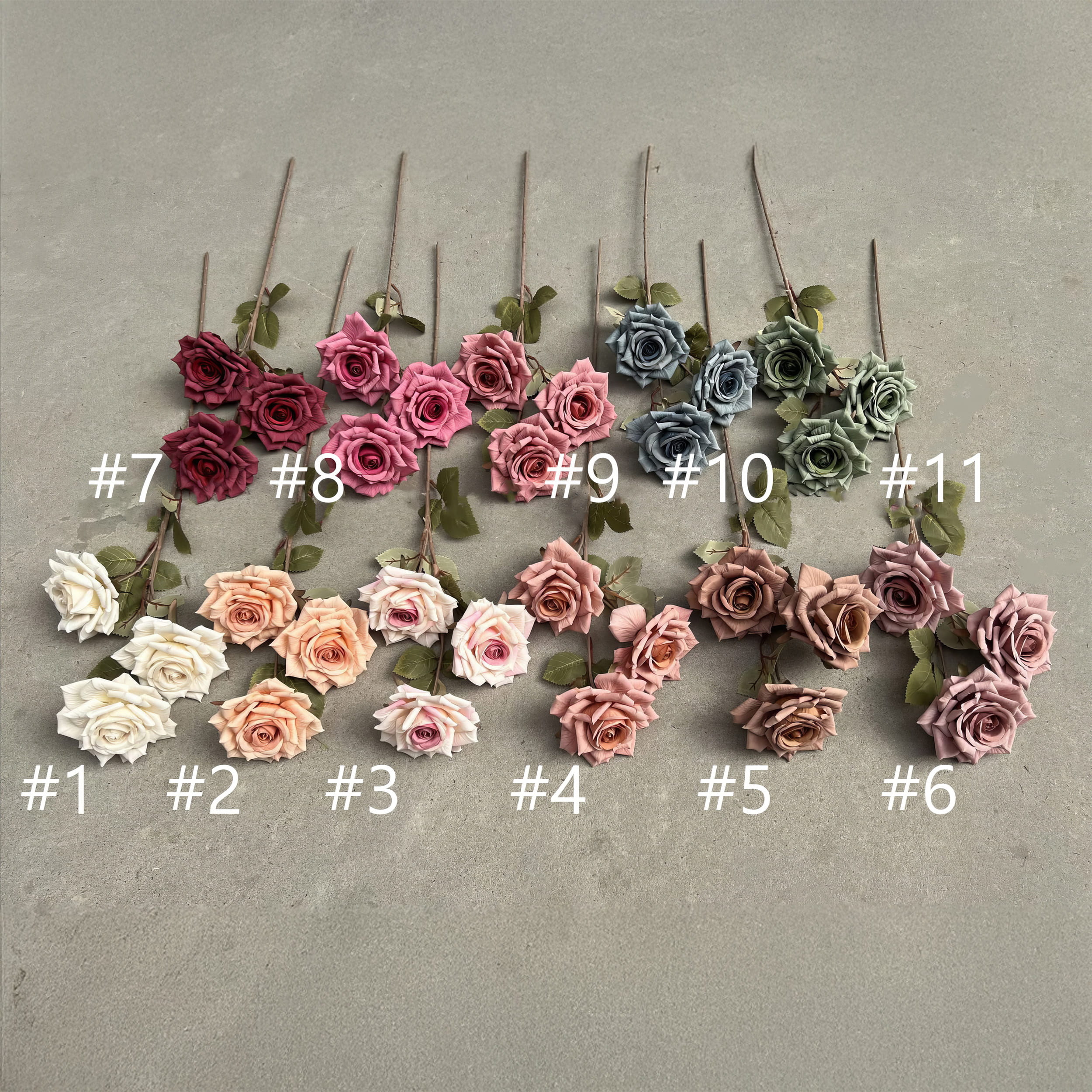 This image displays 11 sets of artificial roses in various shades, arranged in rows on a gray background. Each set has three stems, numbered from