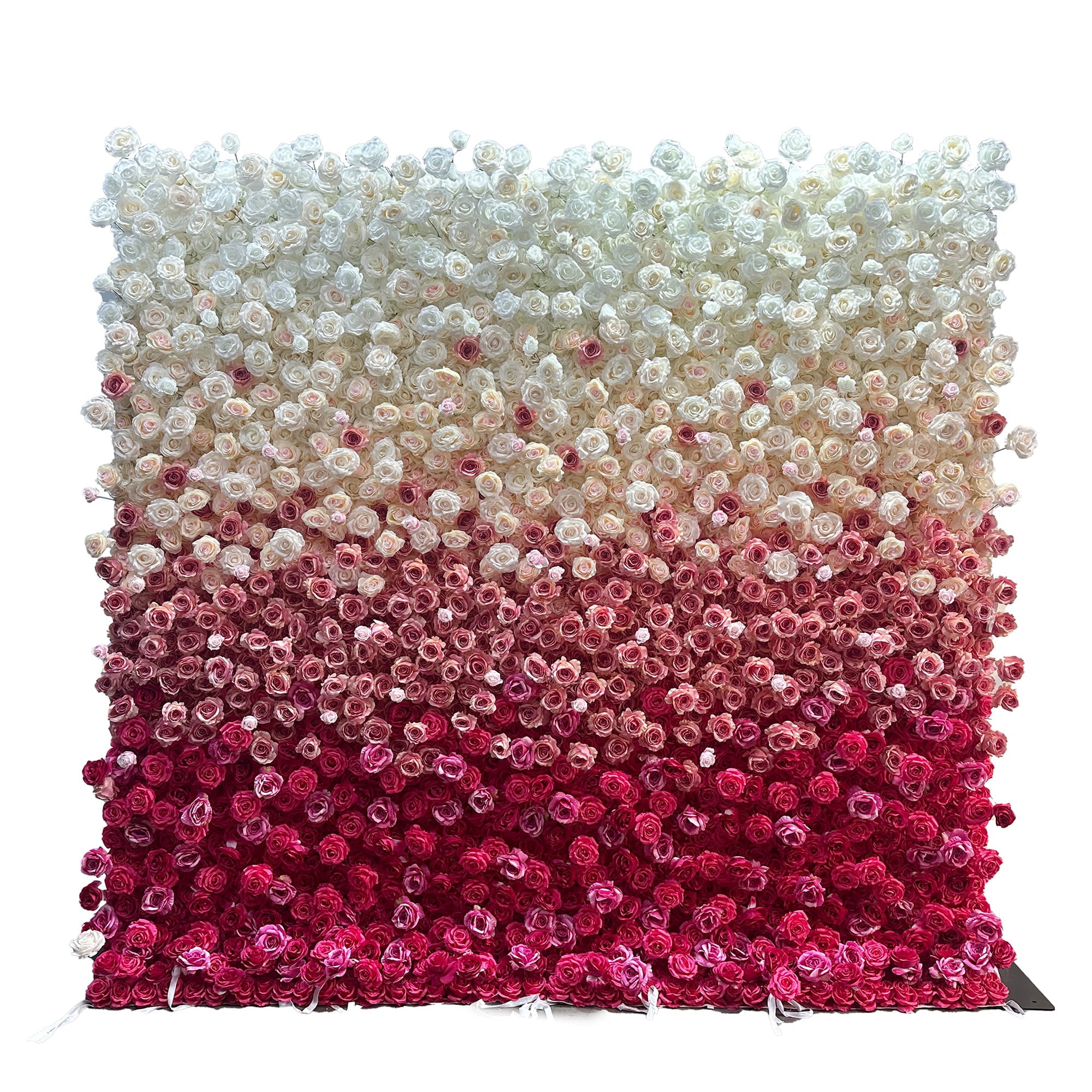 This image features a flower wall densely covered with artificial roses. The wall exhibits a gradient color scheme, transitioning smoothly from pure white at the top, through various shades of pink, to deep red at the bottom. The style is elegant and visually striking, creating a romantic and luxurious atmosphere, perfect for events such as weddings or photo - backdrops.