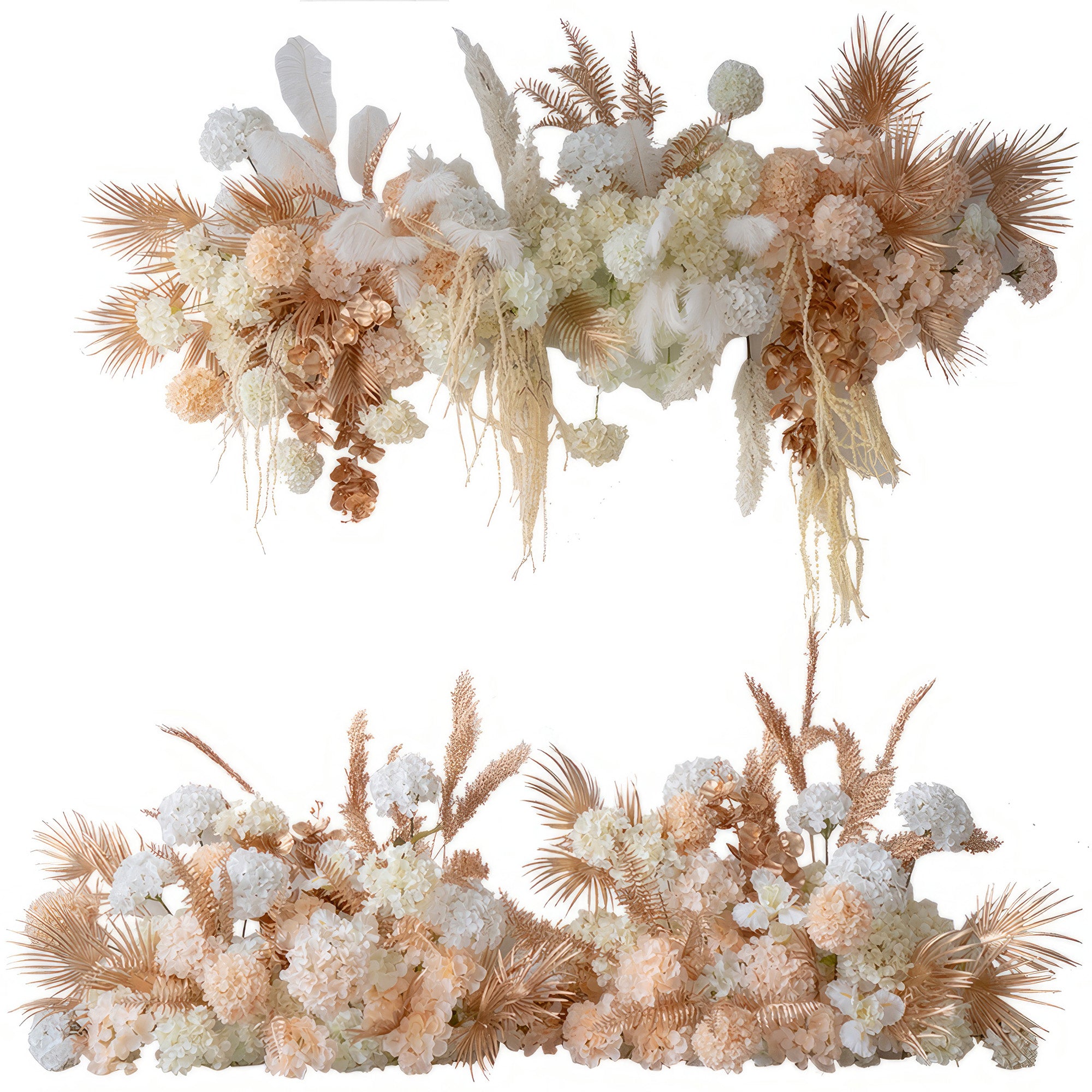 The image displays artificial floral arrangements with hydrangea - like blooms, palm fronds, and feathers. In hues of white, peach, and gold, the style is luxurious and modern, suitable for upscale event decor.