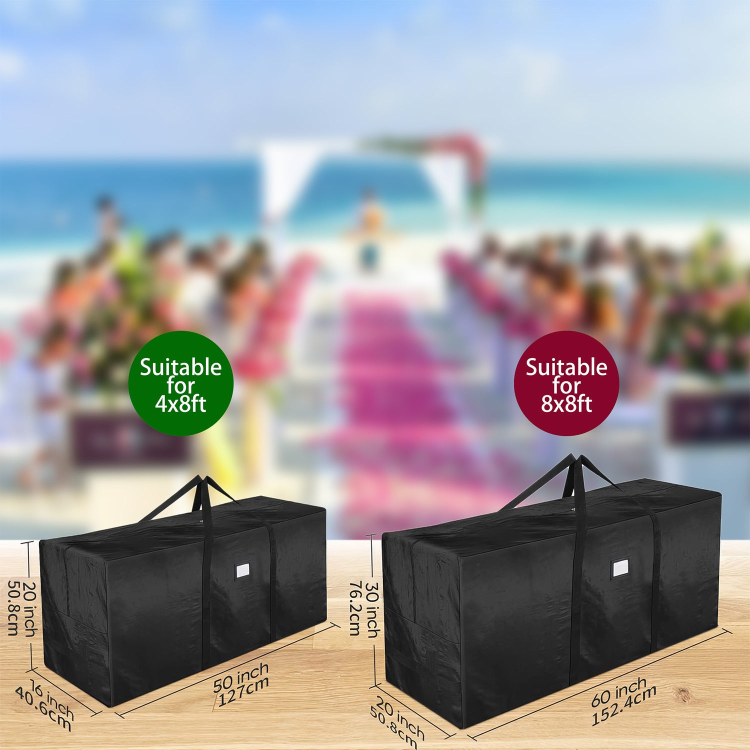 The image shows two black storage bags designed for flower walls, placed against a blurred beach - wedding background. The left bag, labeled "Suitable for 4x8ft," measures 20 inches (50.8 cm) in height, 20 inches (50.8 cm) in width, and 50 inches (127 cm) in length. The right bag, marked "Suitable for 8x8ft," is 30 inches (76.2 cm) tall, 20 inches (50.8 cm) wide, and 60 inches (152.4 cm) long. Both bags have handles and small rectangular patches on them.