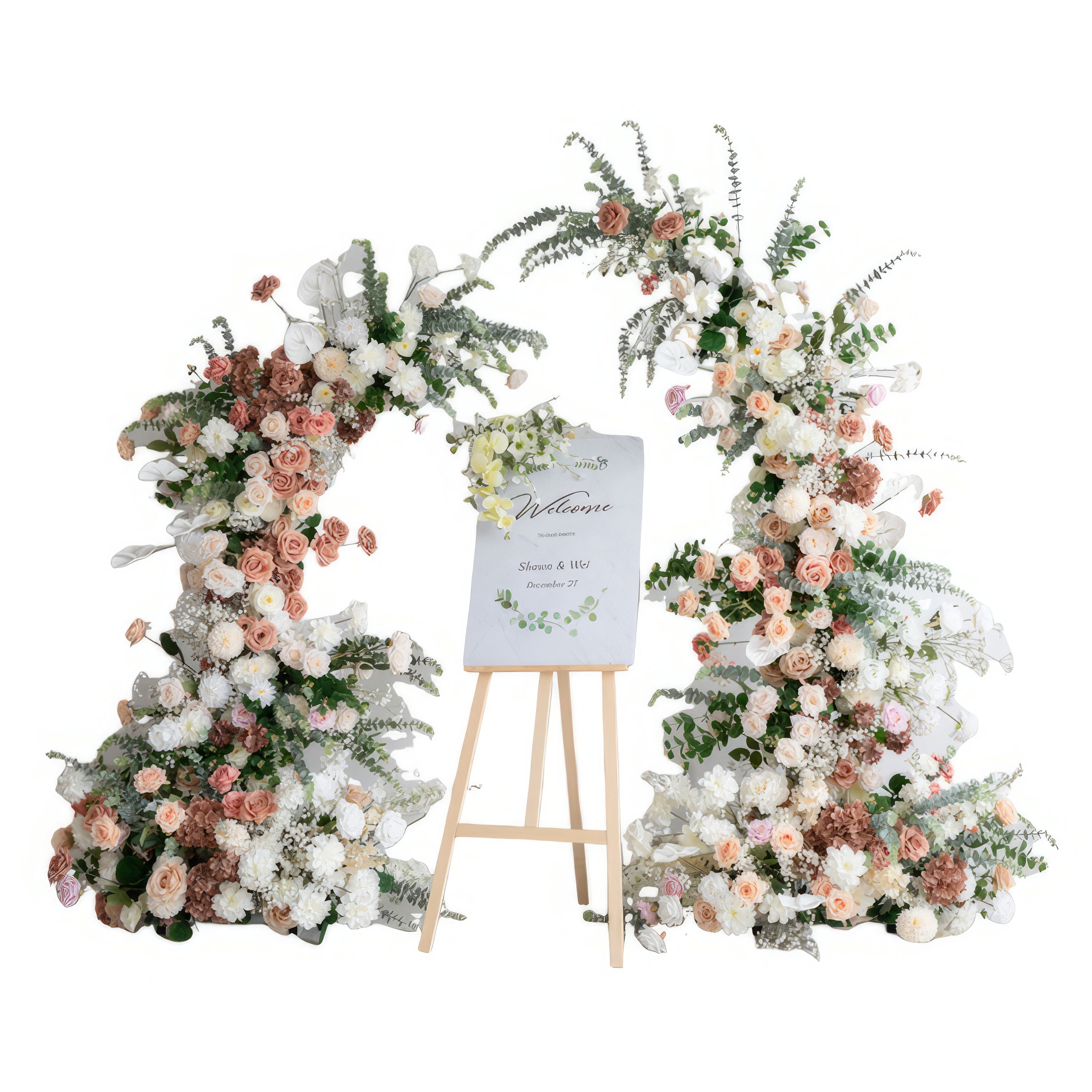 A romantic, asymmetrical floral arch from Valar Flowers, crafted with a soft, warm palette of blush pink, terracotta, and creamy white blooms—including roses, peonies, and delicate baby&