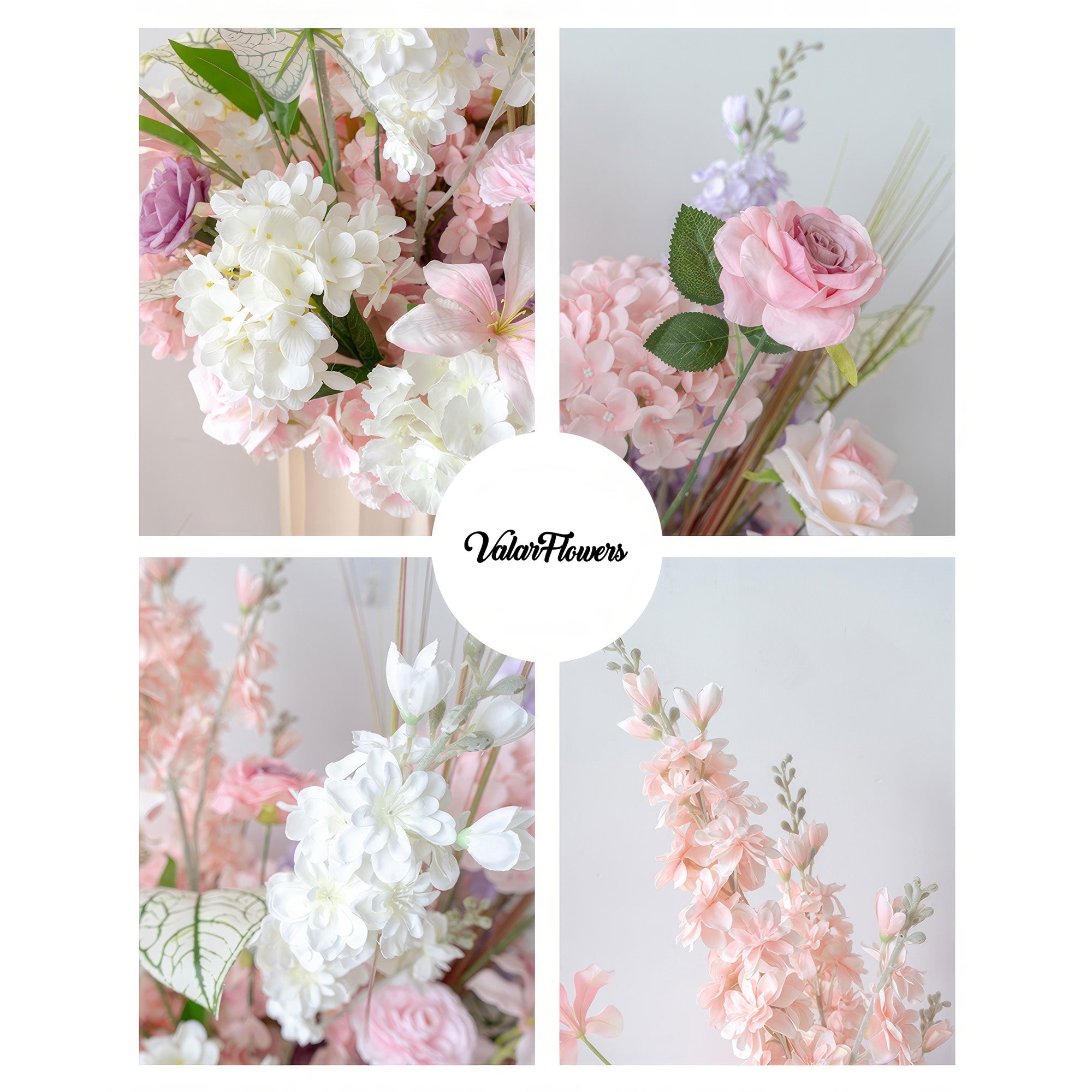 These images showcase charming artificial flower arrangements by ValarFlowers. With a palette of soft pink, white, and a hint of lavender, they feature roses, hydrangeas, and other delicate blooms. The arrangements exude a romantic and elegant vibe, perfect for adding a touch of beauty to special events.