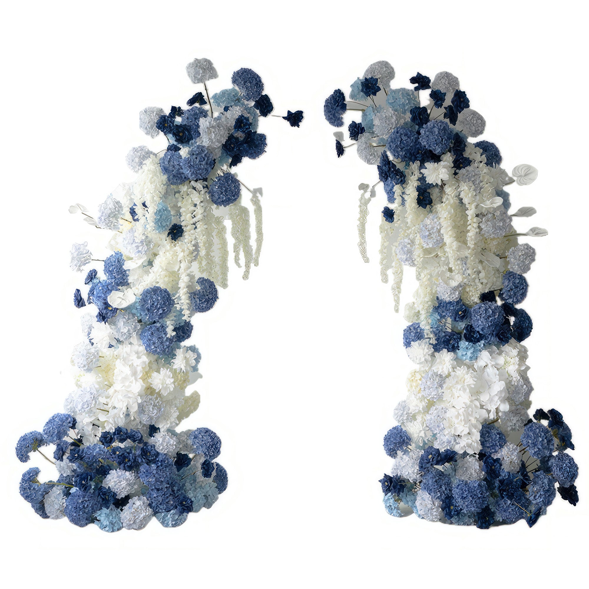 This flower - filled arch showcases a beautiful combination of deep and light blues with white. Featuring hydrangeas and other blooms, it has a serene, elegant style. Ideal for weddings, events, or photo backdrops, it brings a touch of tranquility and sophistication.