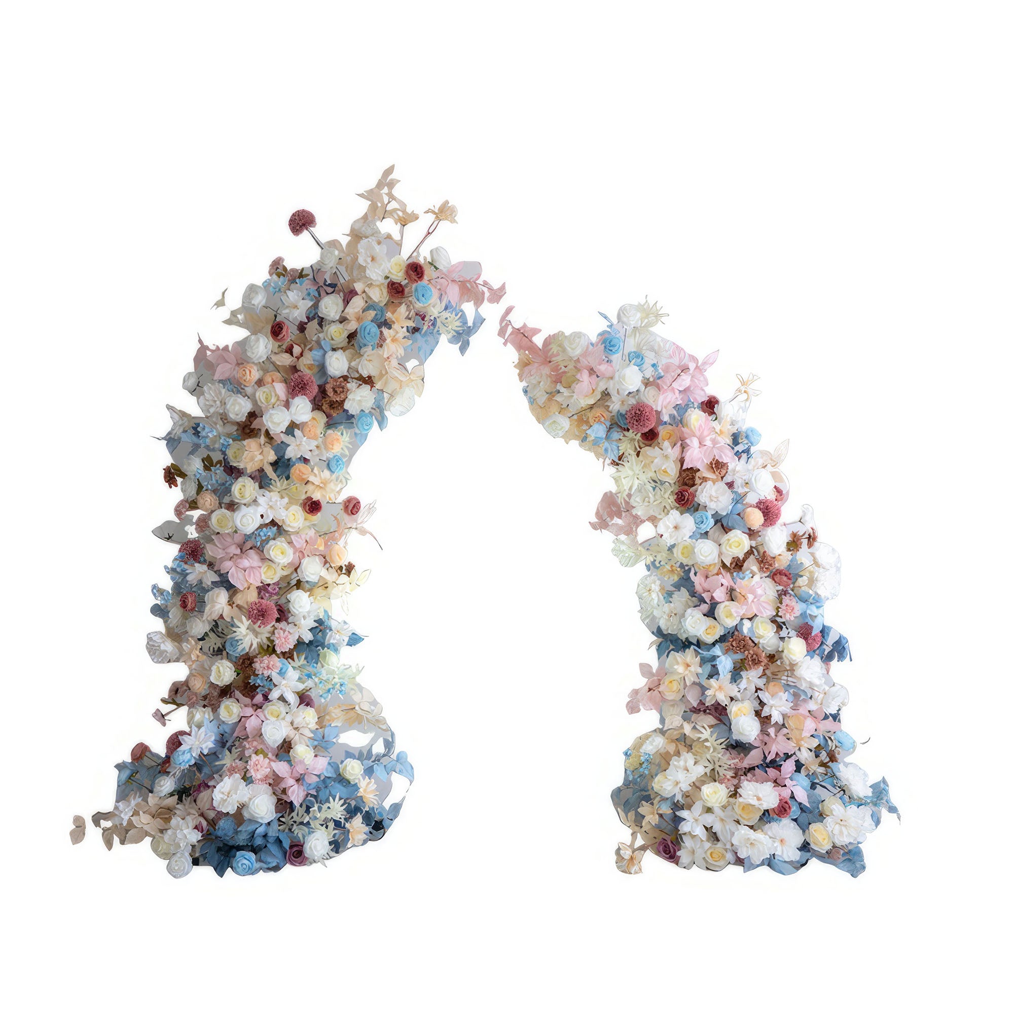 This flower - covered arch showcases a pastel symphony of soft blues, pinks, whites, and warm earthy tones. It combines roses, dahlias, and other blossoms, creating a romantic and dreamy style. Ideal for weddings, events, and photoshoots to add a touch of charm.