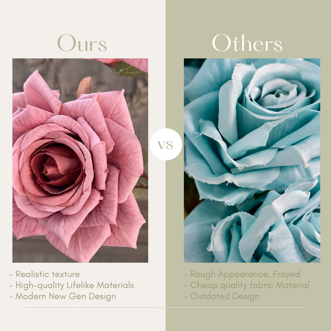 This image contrasts two artificial roses: "Ours" features a realistic pink rose with lifelike texture, modern design, and quality materials, while "Others" shows a frayed blue rose with cheap fabric and outdated design.