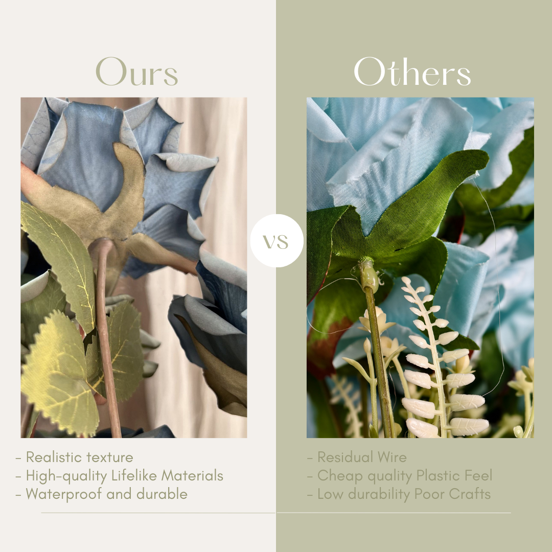 This side-by-side comparison highlights the differences between two types of artificial flowers. On the left, "Ours" features realistic texture, high-quality lifelike materials, and a waterproof, durable design. On the right, "Others" show residual wire, cheap plastic material, and poor craftsmanship with low durability.
