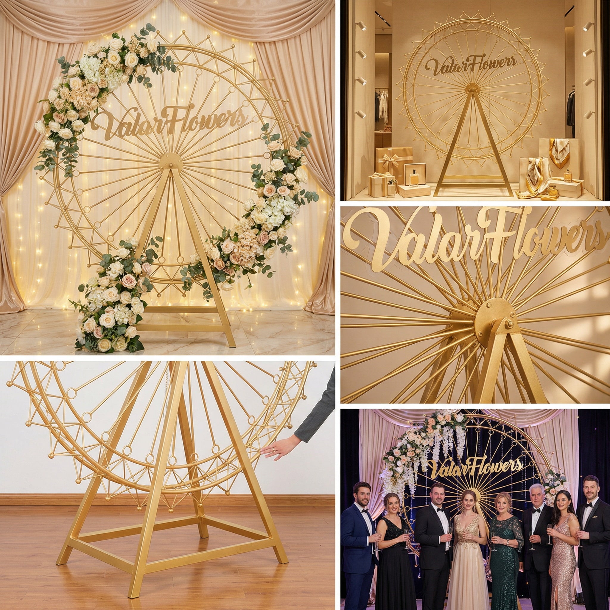 This Valar Flowers golden Ferris wheel decor is a luxurious, handcrafted metal prop with intricate openwork detailing. It can be customized with blush pink/white roses and greenery, serving as a versatile focal point for weddings, retail displays, and photo booths, adding whimsical elegance to any event.