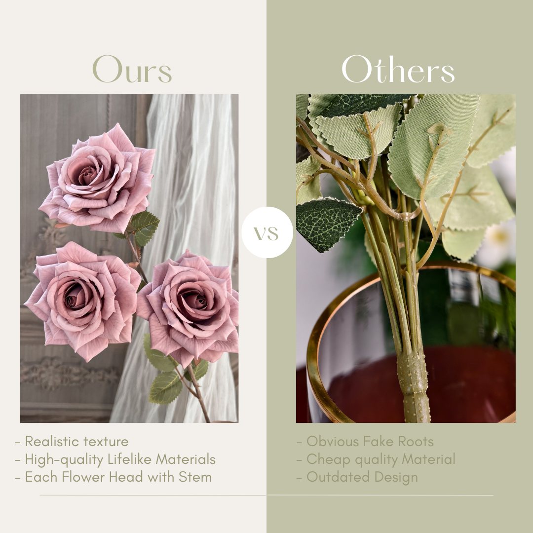 This image compares two artificial flower designs. The "Ours" section showcases lifelike roses with realistic textures, high-quality materials, and individual stems. The "Others" section highlights inferior designs with fake roots, cheap materials, and outdated craftsmanship. The comparison emphasizes quality and modern aesthetics versus less appealing alternatives.
