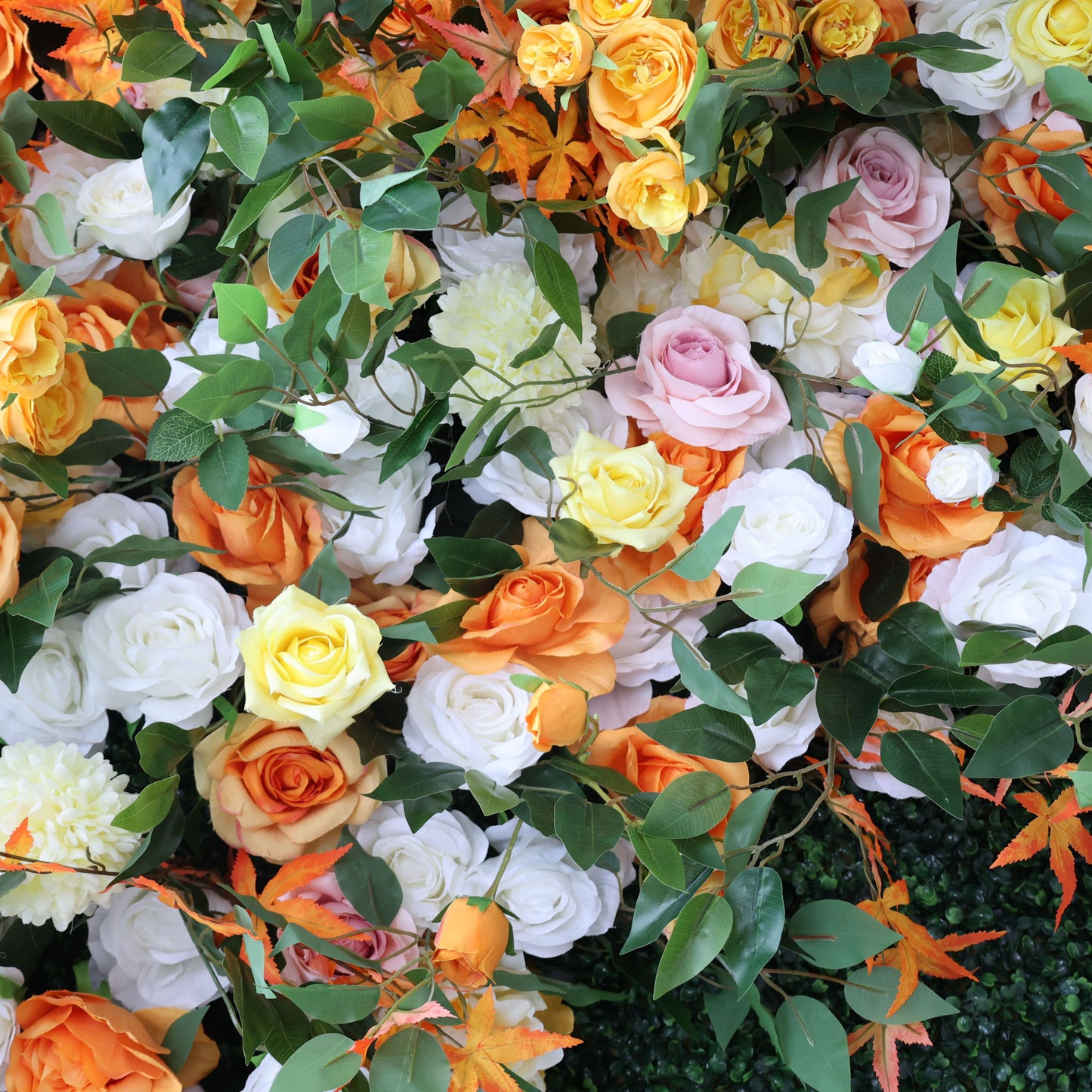 ValarFlowers artificial flower wall with lush roses hydrangeas and greenery, elegant wedding backdrop or photo booth decor for events