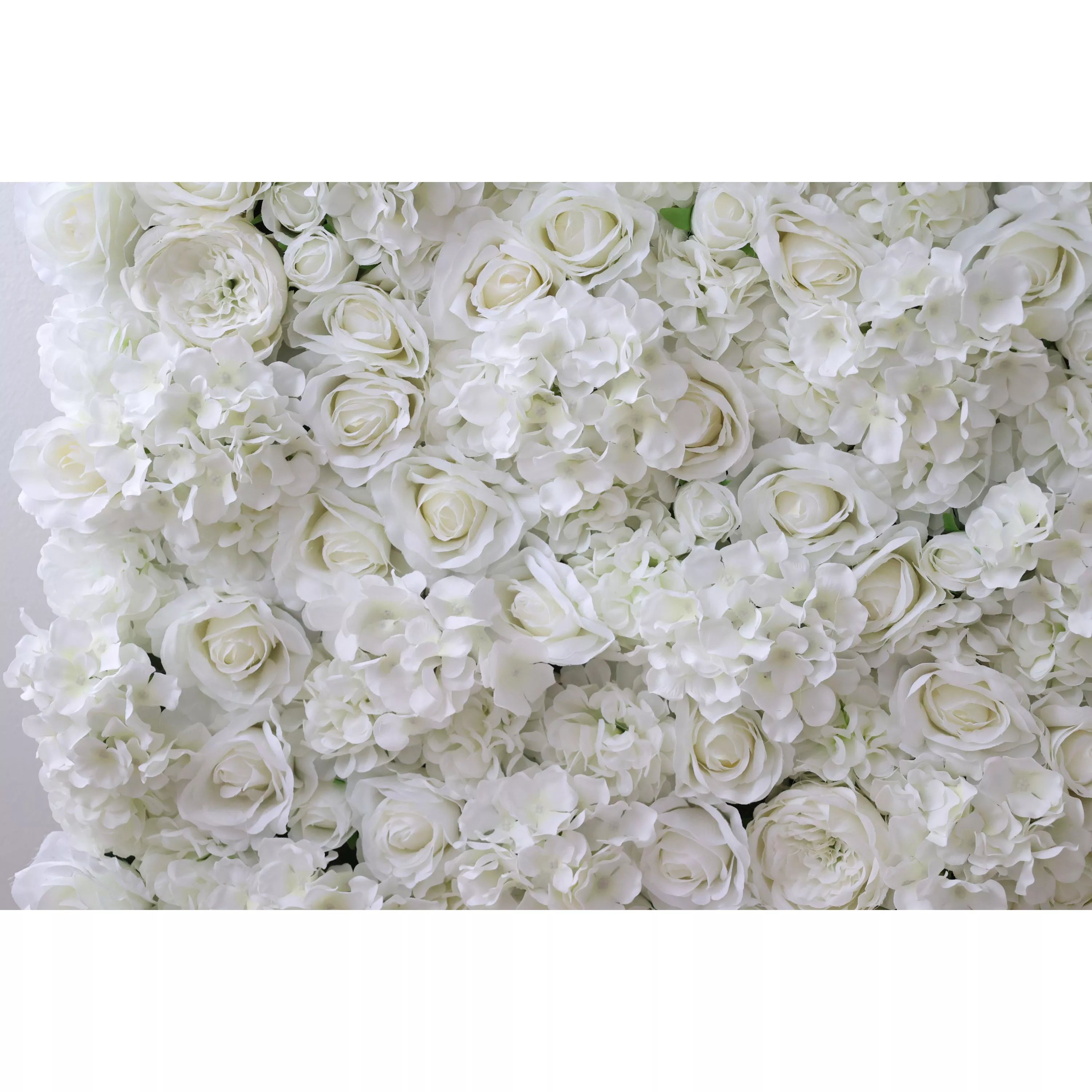 This is a close-up of a lush, all-white artificial flower wall from **Valar Flowers**, densely packed with a rich mix of white roses, hydrangeas, and delicate filler blooms. The tightly packed, layered display creates a clean, elegant, and dreamy aesthetic, ideal for wedding backdrops, photo shoots, or special event decor.