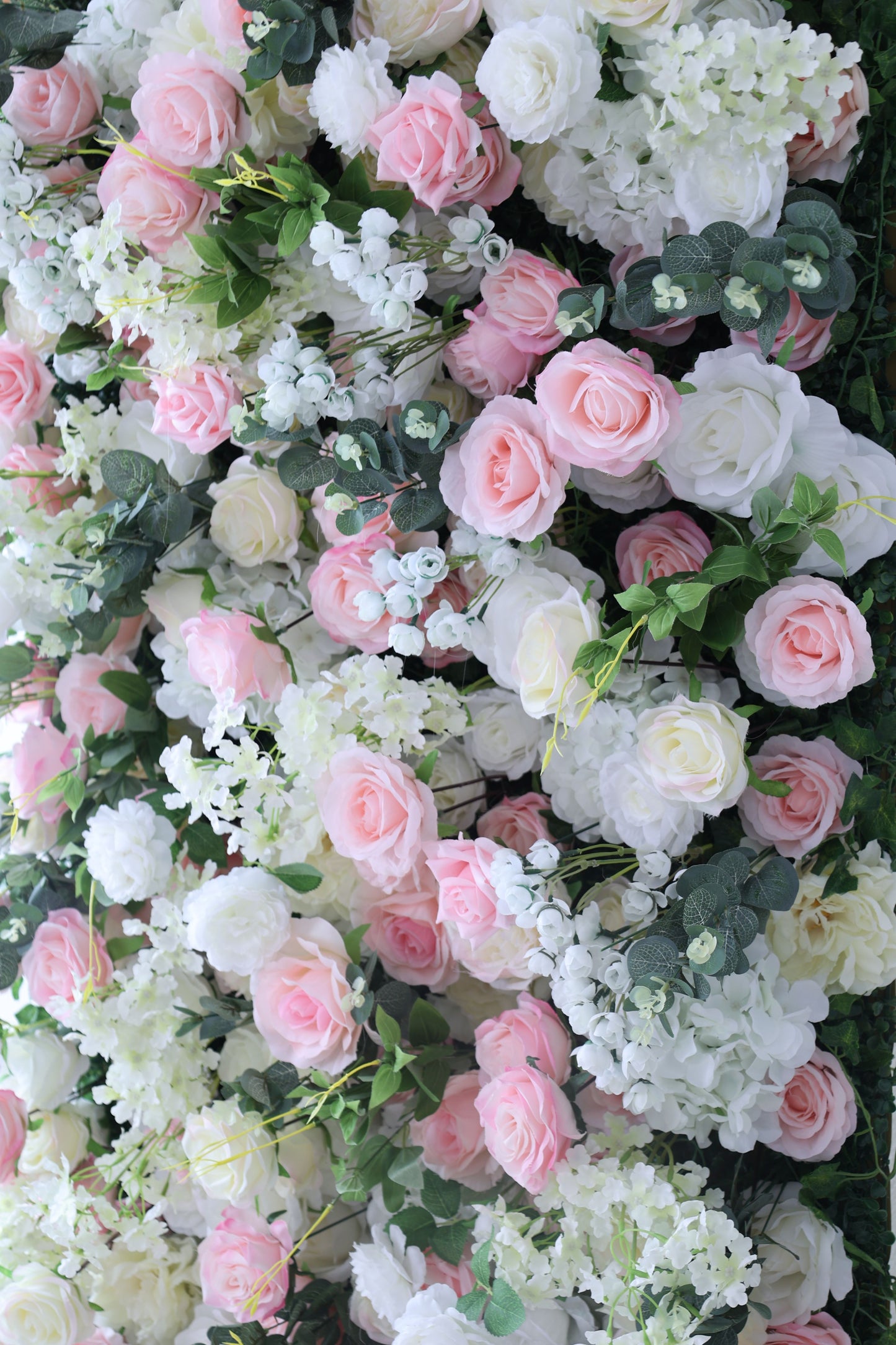 ValarFlowers artificial flower wall backdrop with lush roses, peonies, hydrangeas, dense floral arrangement, elegant wedding decor, photo booth, party backdrop