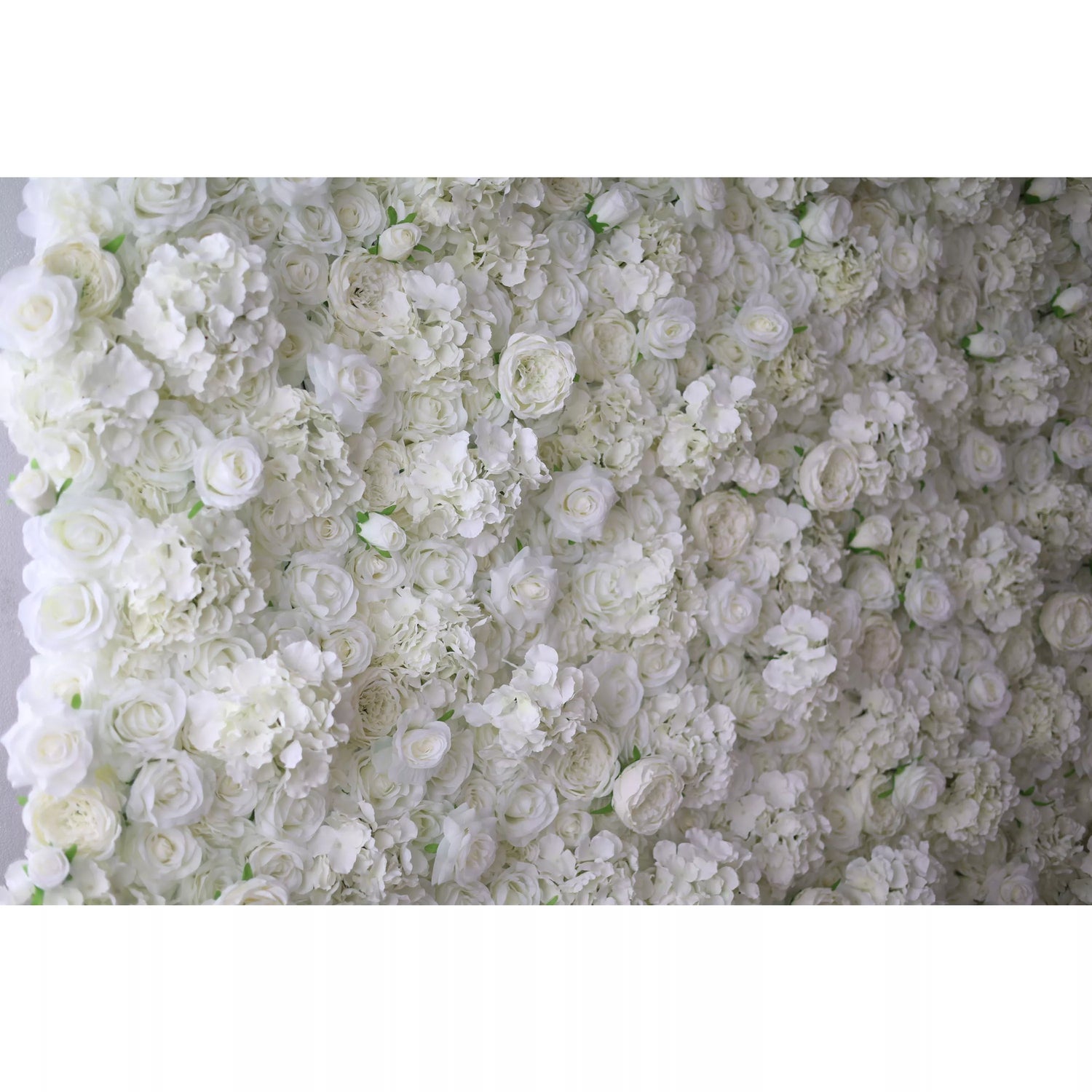 This image showcases a dense arrangement of white artificial flowers, featuring a variety of blooms like roses and hydrangeas. The flowers are tightly packed, creating a lush, voluminous, and pure - looking display. The uniform white hue gives a sense of elegance and serenity, making it an ideal decorative element for events or as a striking backdrop, evoking feelings of sophistication and natural beauty.