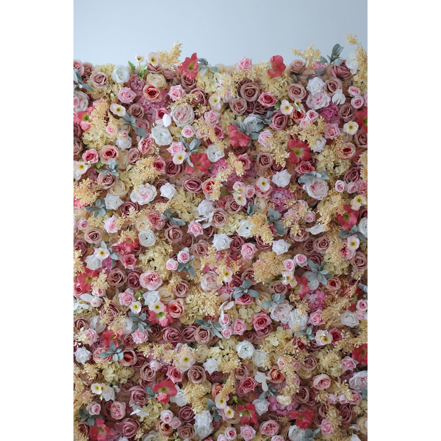ValarFlowers artificial flower wall backdrop with lush roses peonies hydrangeas and greenery for wedding party photo booth decor