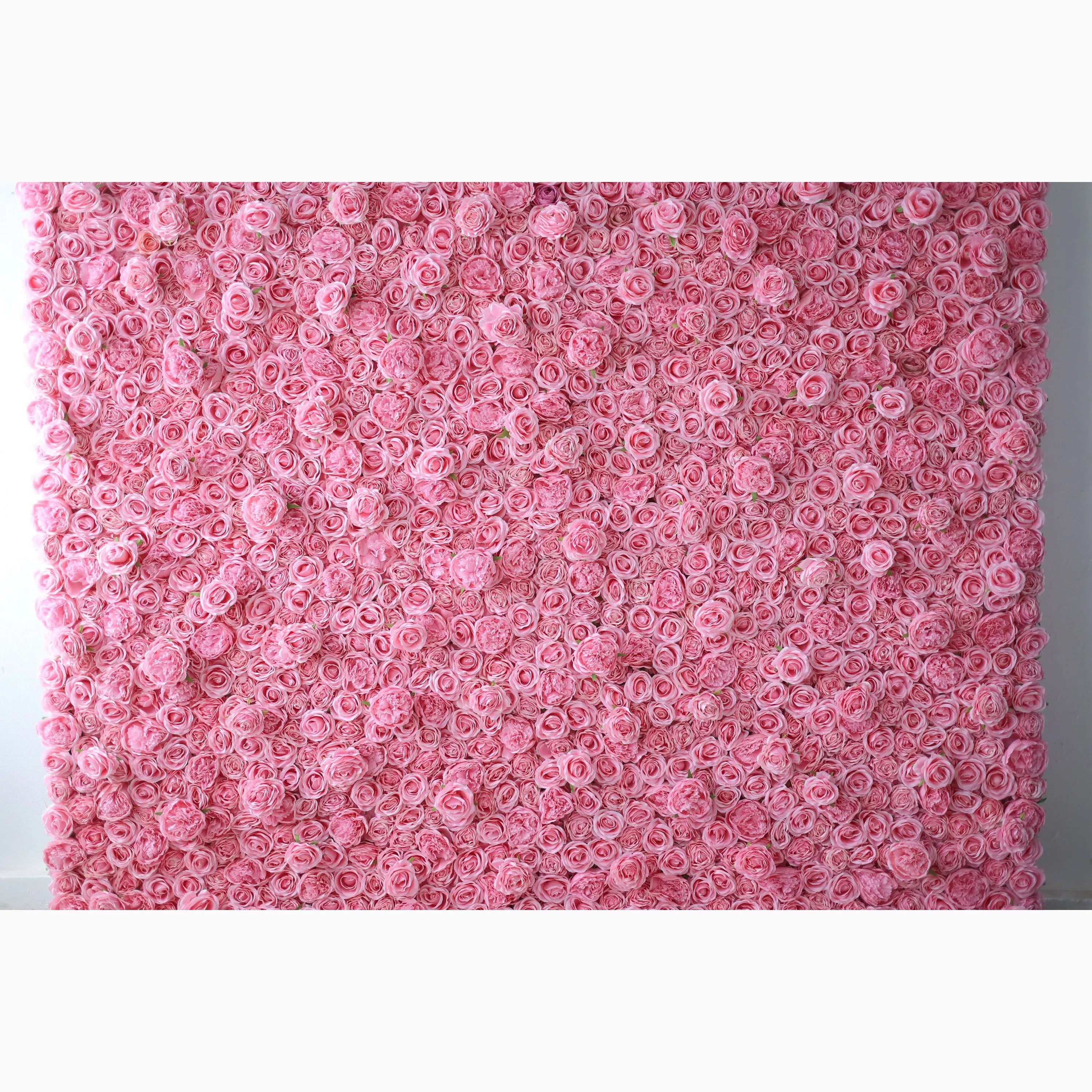 A vast artificial flower wall features a dense arrangement of uniform pink roses. Each bloom is tightly clustered, creating a smooth, lush, and romantic texture. The consistent soft - pink hue exudes a gentle, elegant, and dreamy vibe, perfect for adding a sweet, charming touch to decor or event backdrops.