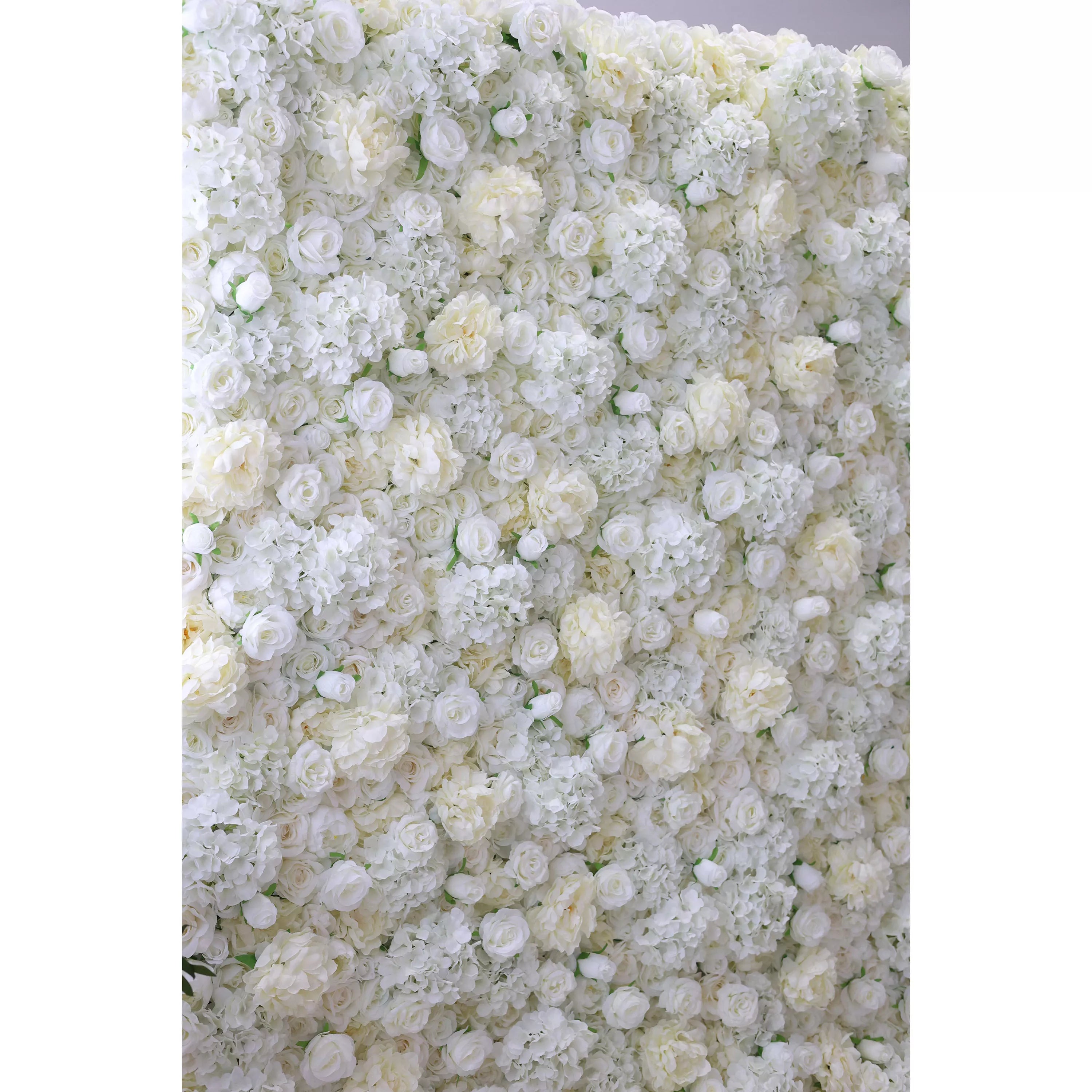 This lush, close-up view showcases a dense, velvety arrangement of artificial white and cream roses, layered with delicate filler blooms for a soft, three-dimensional texture. The luminous, ethereal palette exudes timeless romance and sophistication, making it a luxurious backdrop for weddings, engagement photos, or upscale events seeking an elegant, dreamy aesthetic.