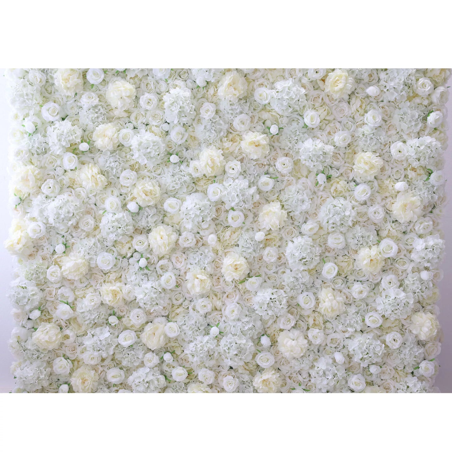 This lush, close-up view showcases a dense, velvety arrangement of artificial white and cream roses, layered with delicate filler blooms for a soft, three-dimensional texture. The luminous, ethereal palette exudes timeless romance and sophistication, making it a luxurious backdrop for weddings, engagement photos, or upscale events seeking an elegant, dreamy aesthetic.