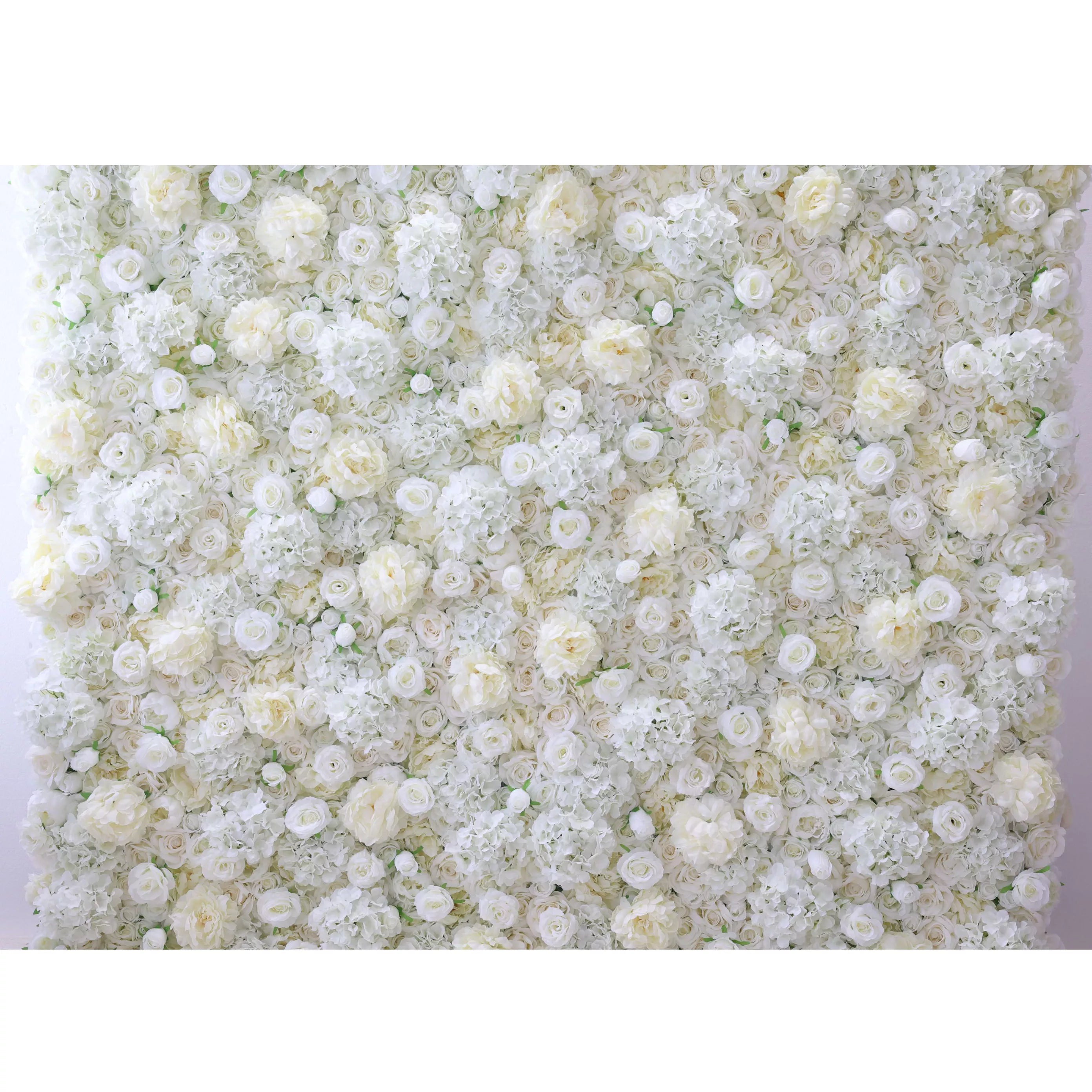 This lush, close-up view showcases a dense, velvety arrangement of artificial white and cream roses, layered with delicate filler blooms for a soft, three-dimensional texture. The luminous, ethereal palette exudes timeless romance and sophistication, making it a luxurious backdrop for weddings, engagement photos, or upscale events seeking an elegant, dreamy aesthetic.