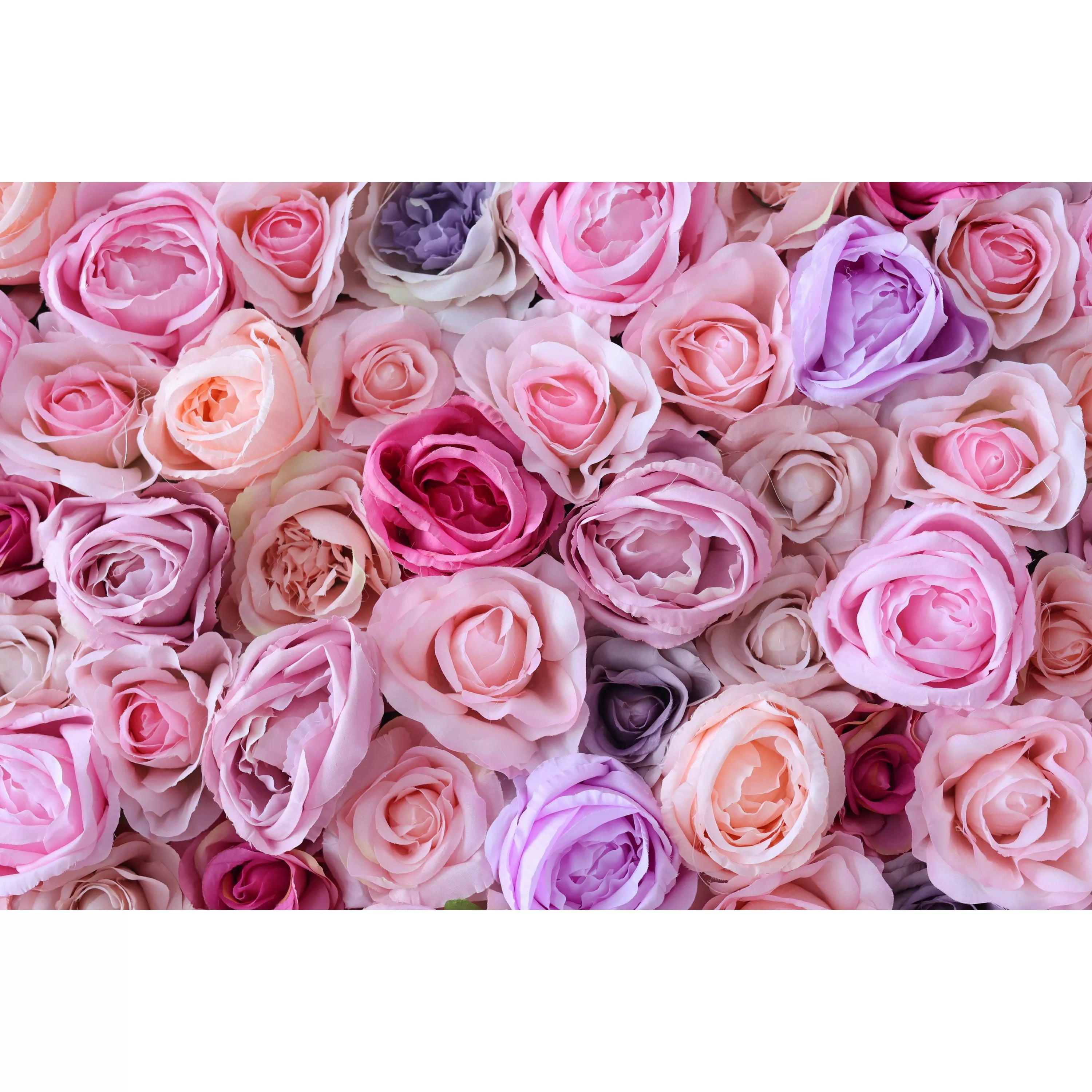 This close - up features a dense cluster of artificial roses in soft pink, peach, lavender, and deeper pink hues. The petals&