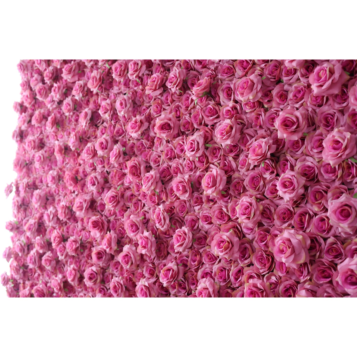 This close - up features a lush artificial flower wall densely packed with soft pink roses. The uniform, delicate blooms create a romantic, dreamy atmosphere. Perfect as a backdrop for weddings or photo shoots, it adds an elegant, feminine charm, immersing the space in gentle, sweet beauty.