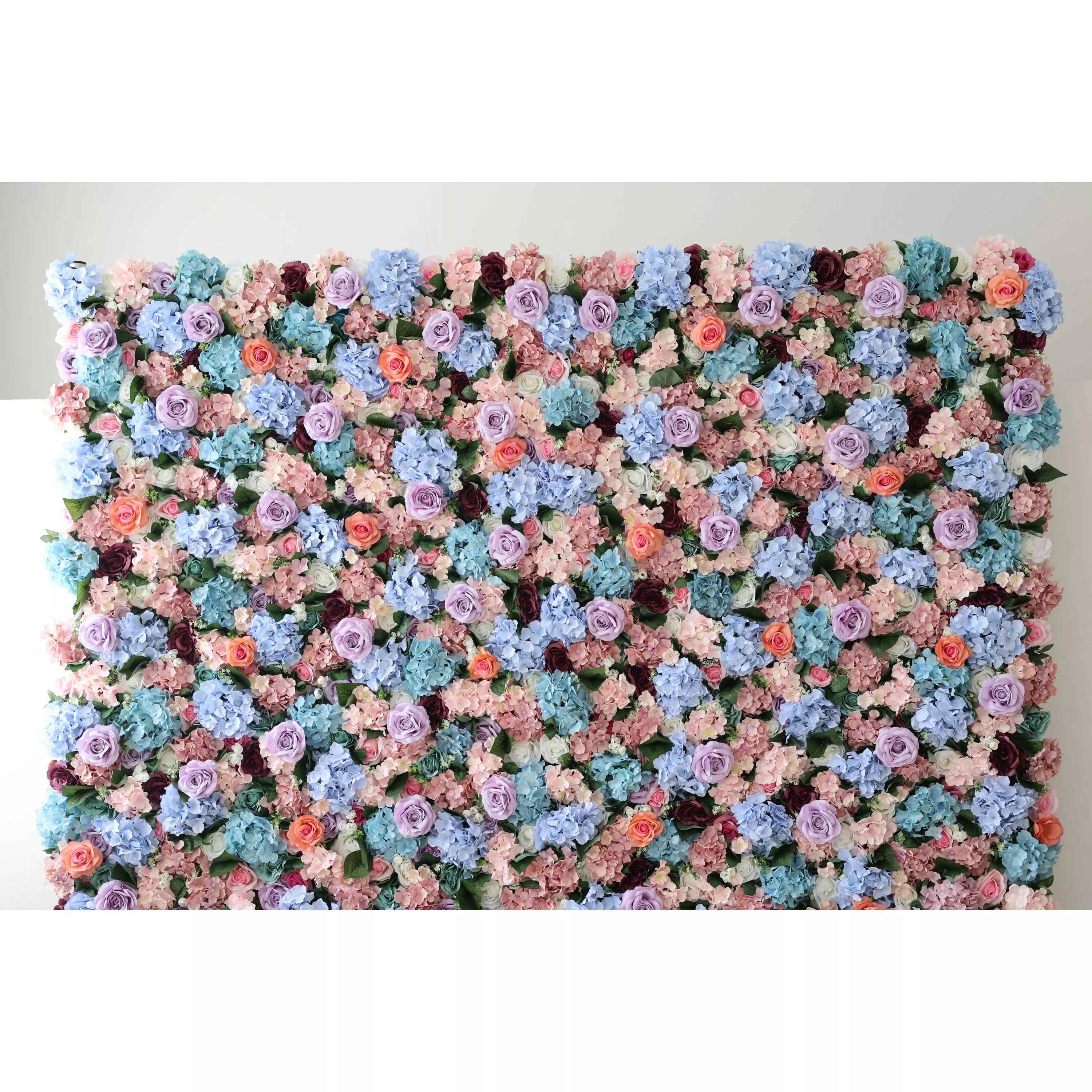 This large artificial flower wall showcases a lush blend of blue hydrangeas, purple roses, peach blooms, and greenery. The dense, vibrant arrangement creates a romantic, eye - catching display, perfect for event backdrops, adding an elegant, dreamy charm to the space.