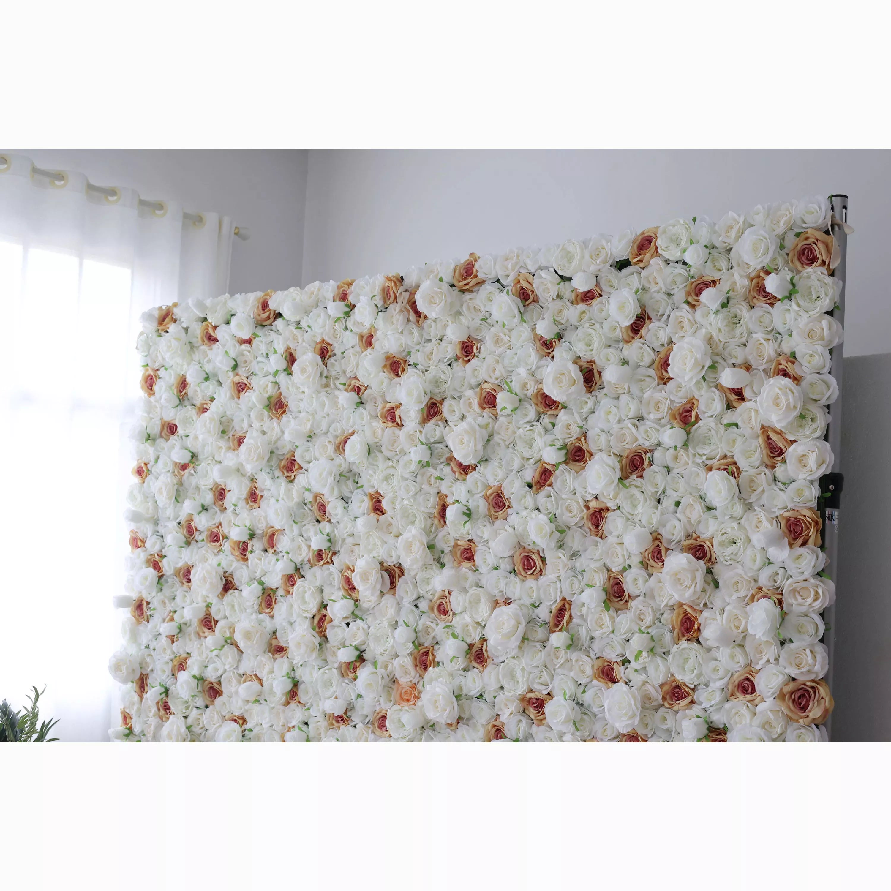 A large artificial flower wall showcases a dense arrangement of white roses, each with a delicate brown - edged center. The uniform, lush blooms create a sophisticated, elegant backdrop, perfect for adding a touch of romance and refinement to events or decor.