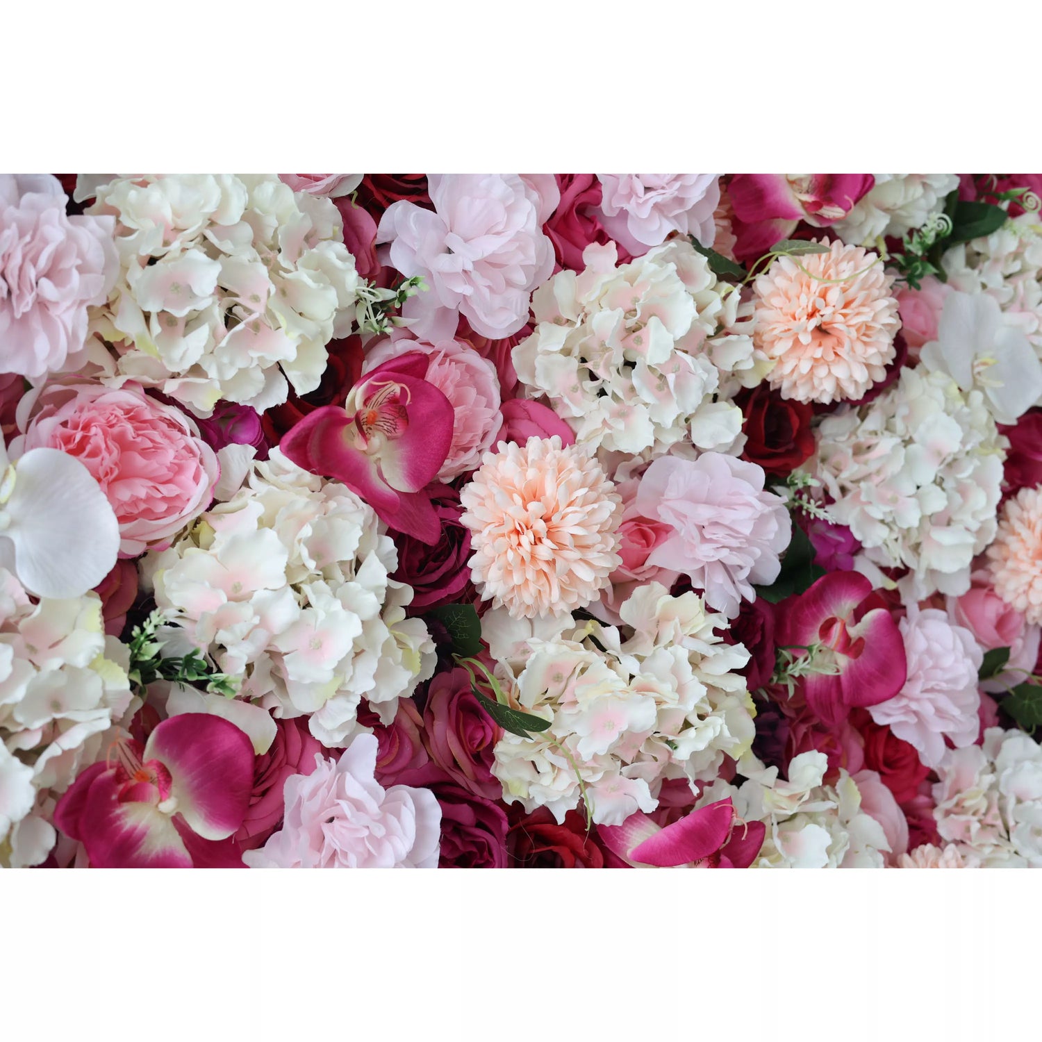 This close - up showcases a lush artificial flower wall. It blends white hydrangeas, pink peonies, peach - toned blooms, and magenta orchids, with deep - red roses as the base. The dense, vibrant arrangement creates a romantic, elegant texture, perfect for event backdrops like weddings, adding a rich and decorative charm.