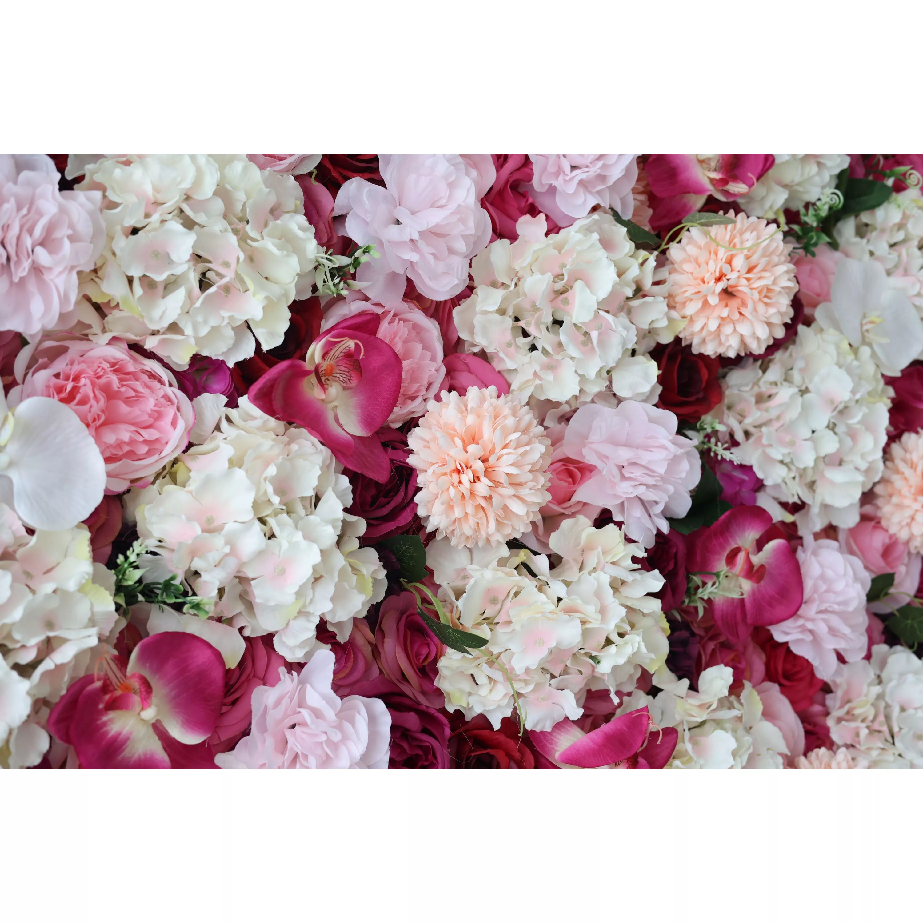 This close - up showcases a lush artificial flower wall. It blends white hydrangeas, pink peonies, peach - toned blooms, and magenta orchids, with deep - red roses as the base. The dense, vibrant arrangement creates a romantic, elegant texture, perfect for event backdrops like weddings, adding a rich and decorative charm.