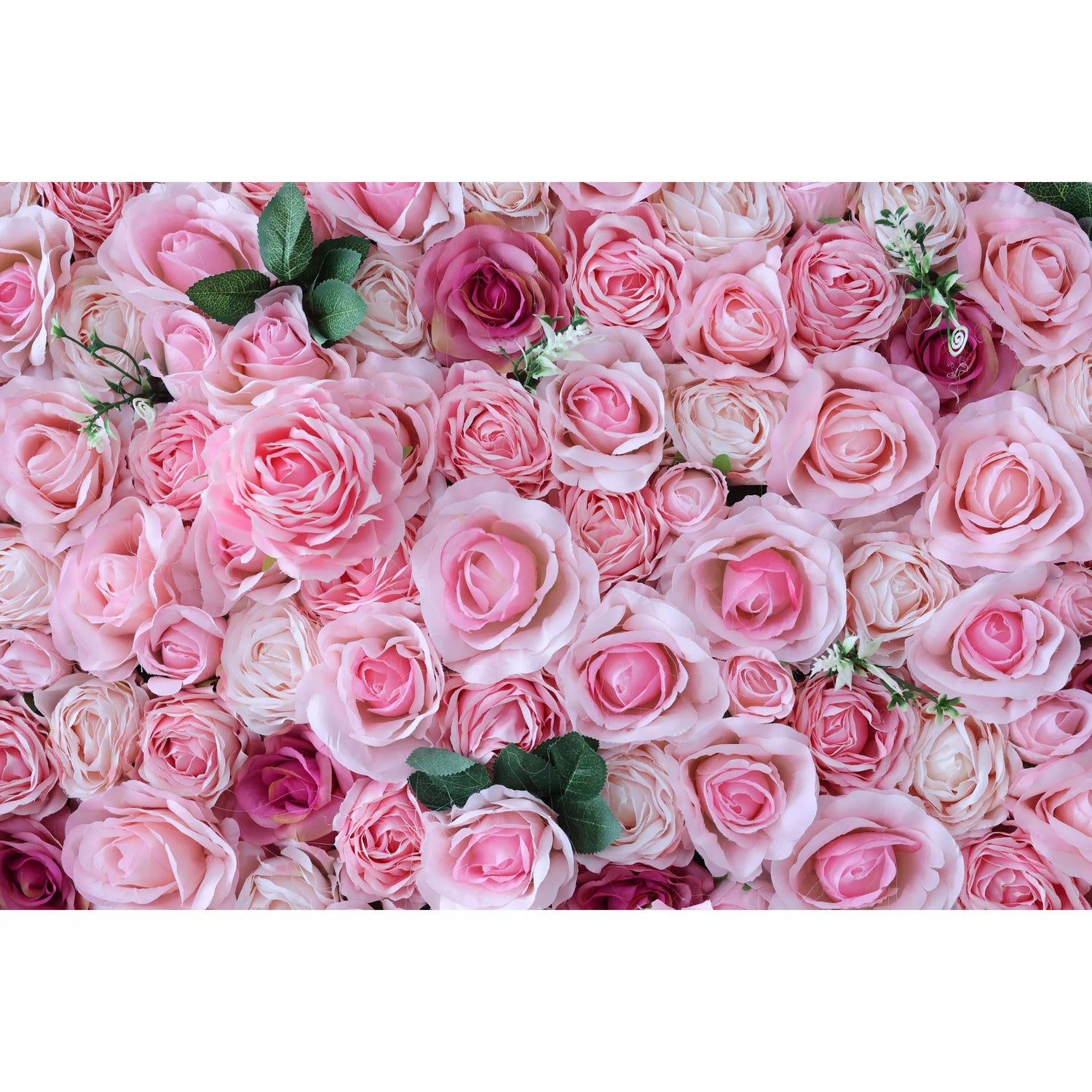 This close - up shows a dense artificial flower wall of soft - pink roses. Varied petal shades, from pale to deeper pink, blend with green leaves. A few darker - hued roses add contrast. The lush, uniform arrangement creates a romantic, elegant vibe, perfect for event backdrops like weddings, enhancing a sweet and charming atmosphere.