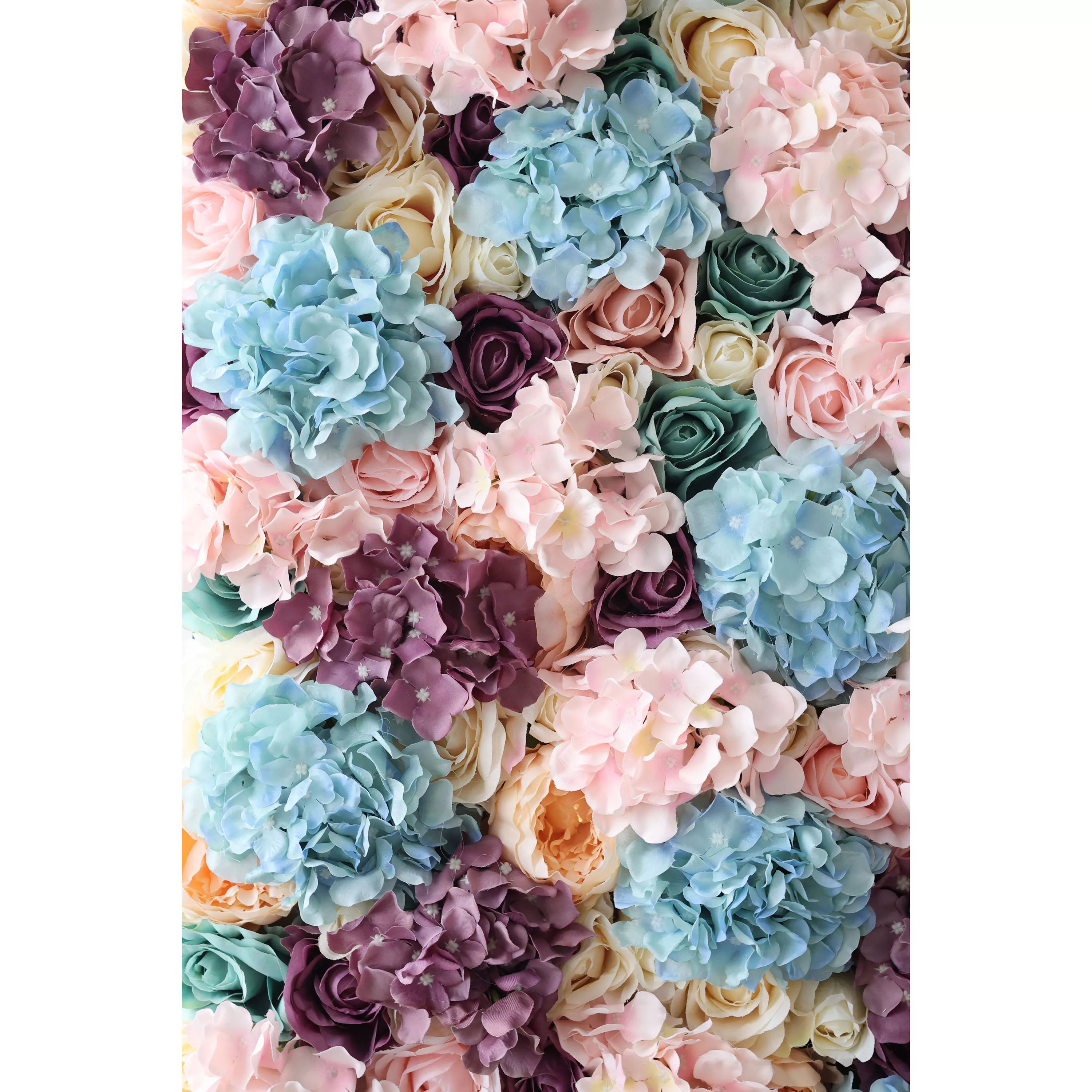 This close - up features a lush artificial flower wall. A vibrant mix of pastel - colored blooms—soft pinks, blues, purples, and creams—creates a textured, romantic tapestry. Varied flowers like hydrangeas and roses are densely arranged, making it an eye - catching backdrop, perfect for adding elegance to events such as weddings or parties.