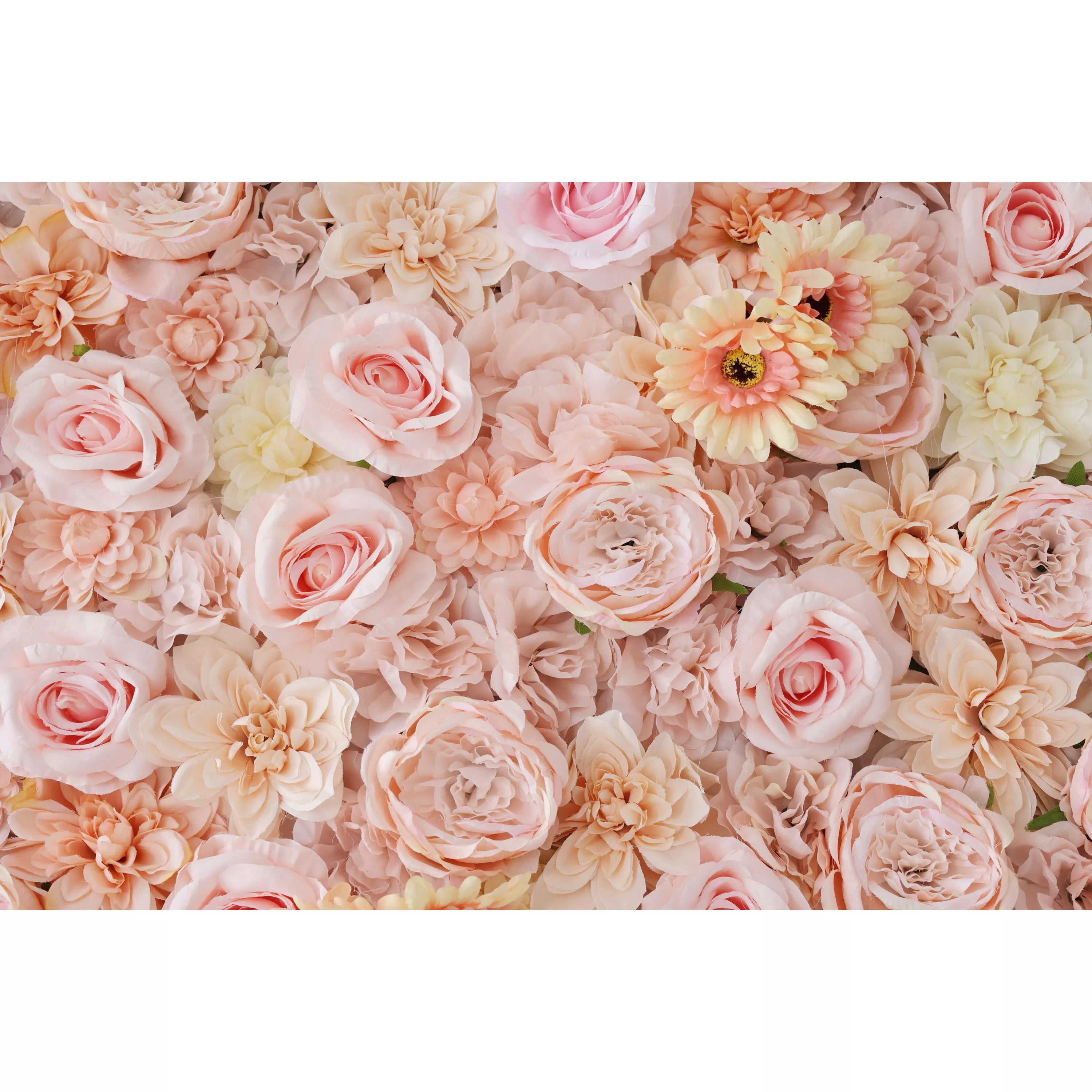 This close - up presents a lush artificial flower wall, a harmonious blend of soft pink, peach, and cream tones. It features an array of blooms—roses, dahlias, and daisy - like flowers—creating a dense, romantic texture. The uniform arrangement and pastel hues make it ideal for event backdrops, adding an elegant, dreamy charm to weddings or parties, evoking a sense of delicate beauty.