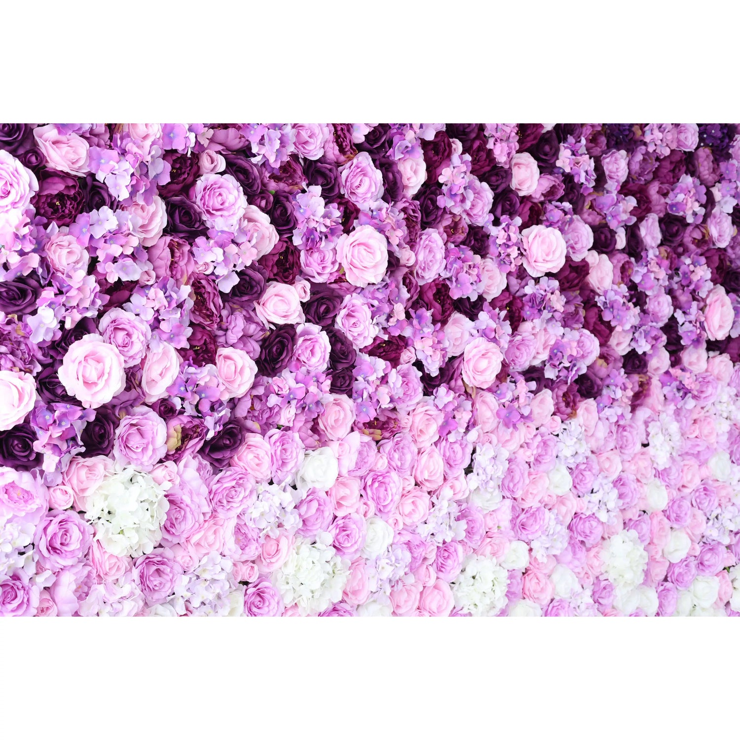 This flower wall is a captivating blend of purple and pink artificial roses, plus delicate flowers. Dense, overlapping blooms create a lush, romantic texture. Subtle color gradients and varied petal shapes add depth, making it perfect for weddings or events. It exudes elegance and charm as a dreamy backdrop.