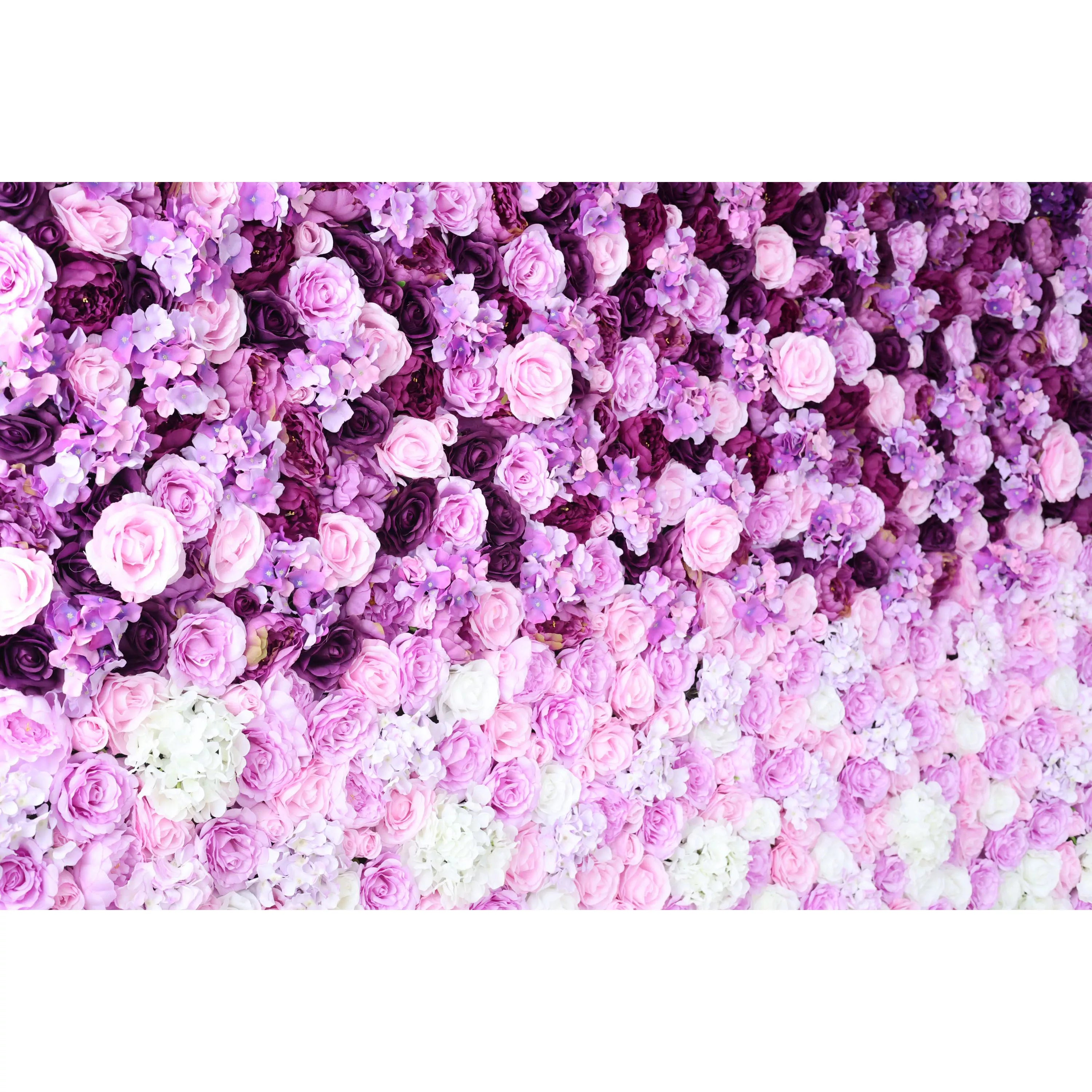 This flower wall is a captivating blend of purple and pink artificial roses, plus delicate flowers. Dense, overlapping blooms create a lush, romantic texture. Subtle color gradients and varied petal shapes add depth, making it perfect for weddings or events. It exudes elegance and charm as a dreamy backdrop.