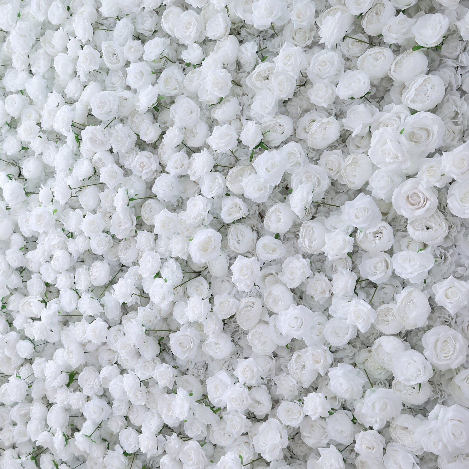 This image showcases a dense arrangement of white artificial roses, creating a lush and voluminous floral display. The flowers are tightly packed, with their soft, creamy petals and subtle green stems contributing to a sense of purity and elegance. The uniform white hue gives a serene and sophisticated look, making it an ideal decorative element for events or as a striking backdrop, evoking feelings of natural beauty and refinement.