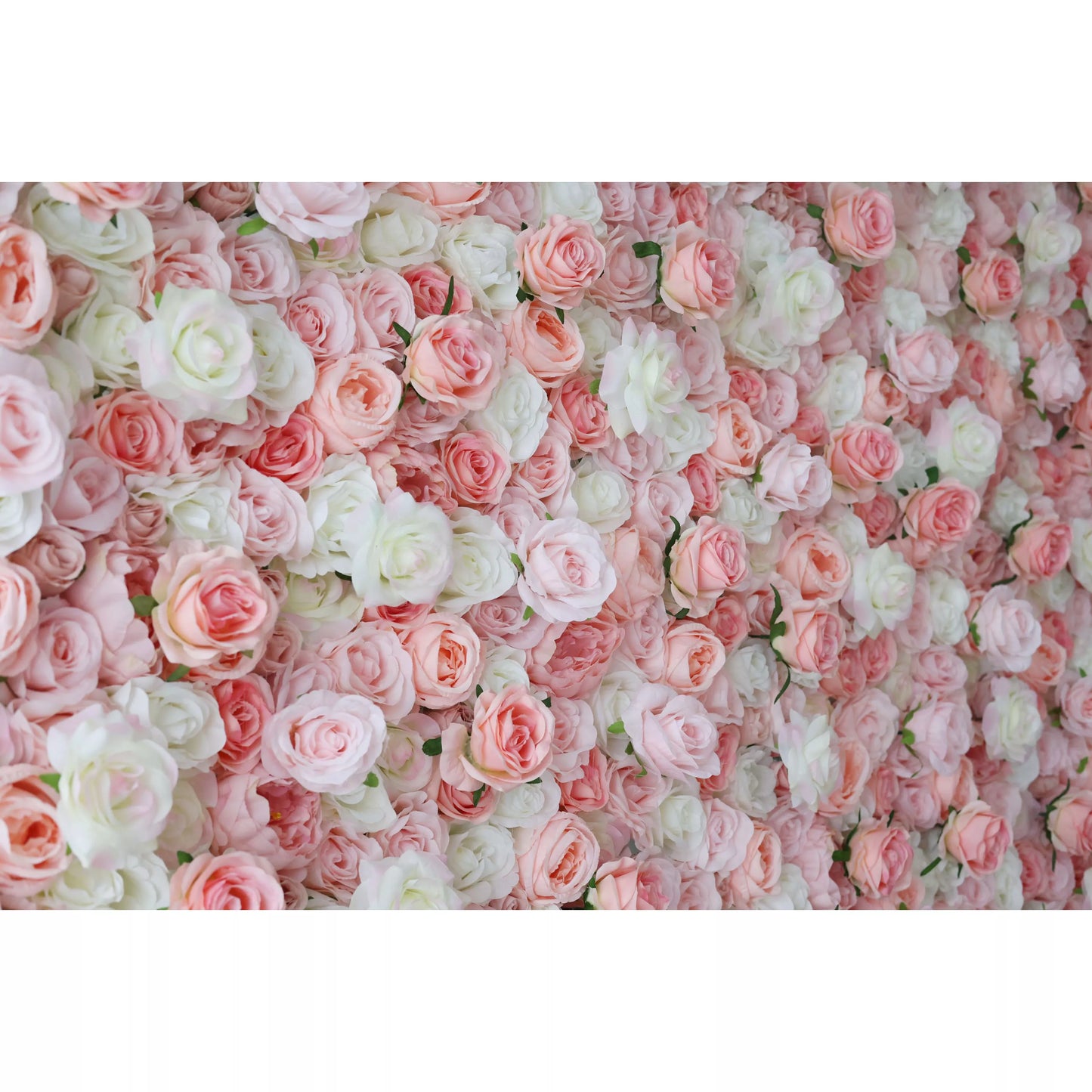 This flower wall is a lush display of artificial roses in soft pink and white. Dense, overlapping blooms create a dreamy, romantic texture. Subtle color gradients and green leaves add depth, making it ideal for weddings or events. It exudes elegance, offering a charming backdrop for photos and decor.