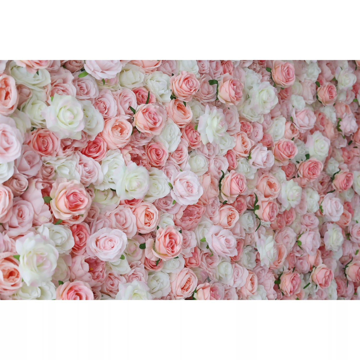 This flower wall is a lush display of artificial roses in soft pink and white. Dense, overlapping blooms create a dreamy, romantic texture. Subtle color gradients and green leaves add depth, making it ideal for weddings or events. It exudes elegance, offering a charming backdrop for photos and decor.