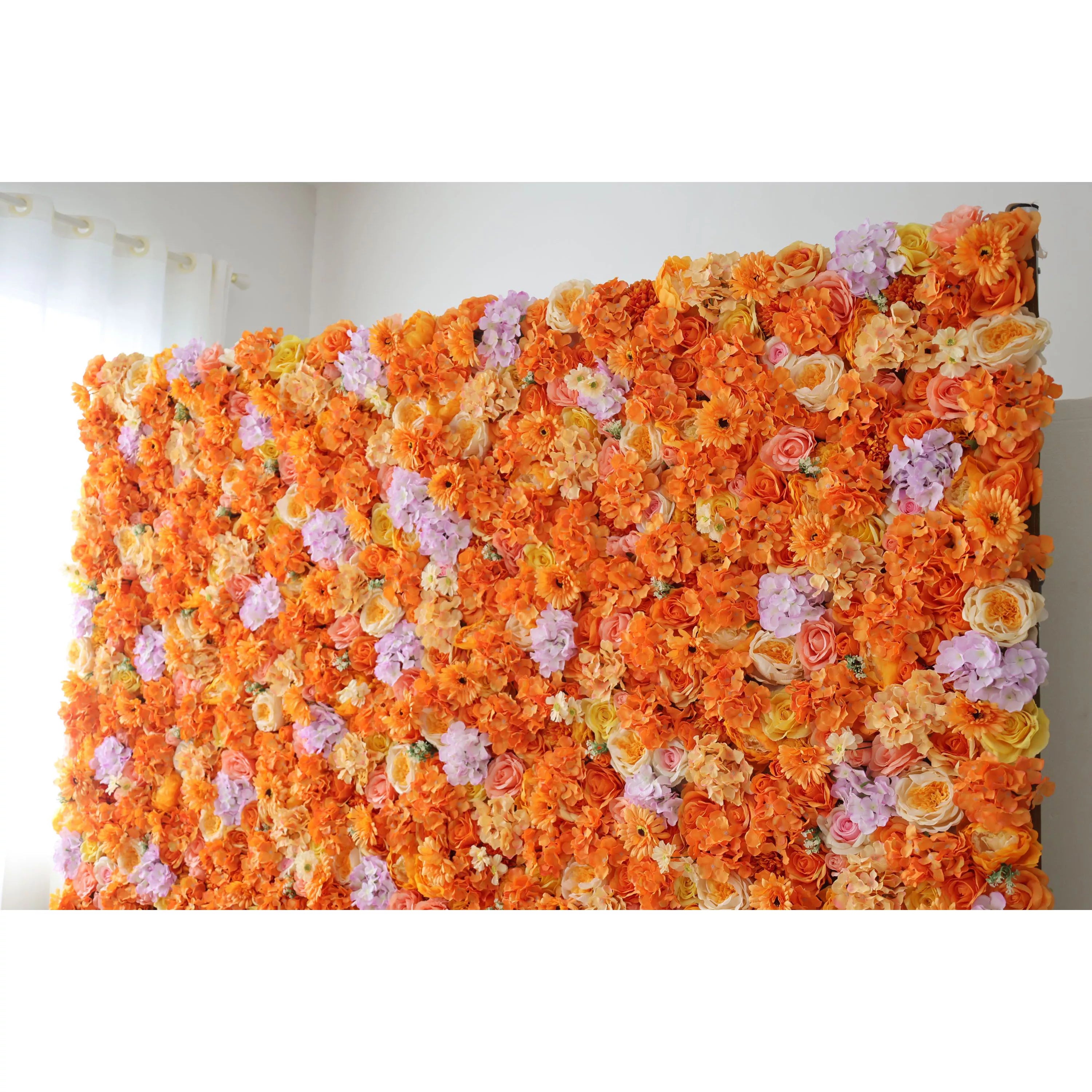 This image showcases a vibrant floral wall by Valar Flowers, set indoors. It&