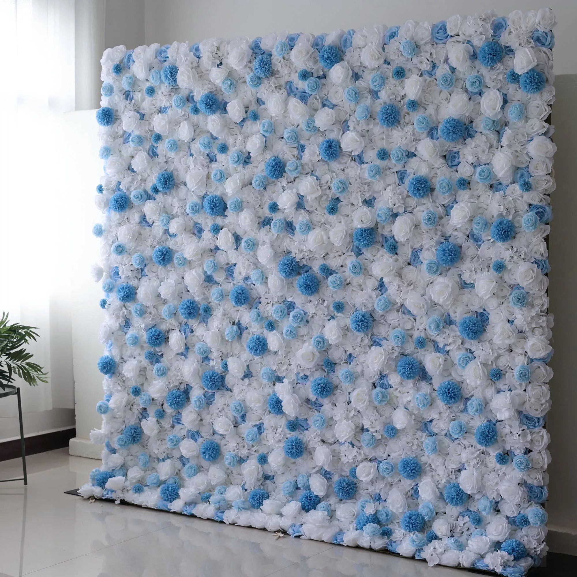 ValarFlowers Backdrop: Experience the beauty of the Serene Seascape - Azure & Ivory Bliss Edition. A cascade of azure and ivory flowers, this backdrop captures the essence of oceanic elegance.