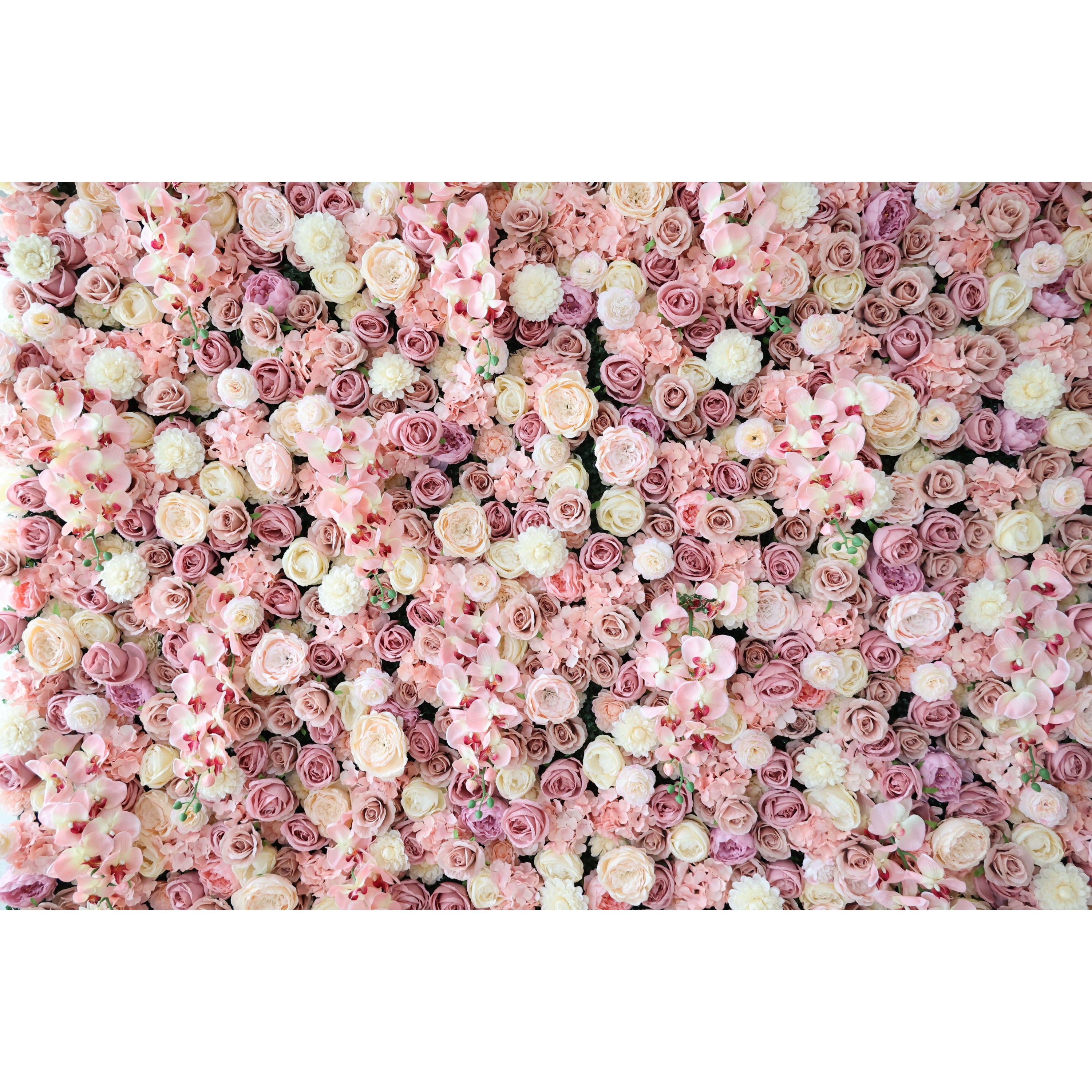 This is a seamless, full-coverage premium blush pink artificial flower wall panel by Valar Flowers, featuring a lush, dense arrangement of lifelike roses, orchids, and carnations in soft pink, champagne, and ivory tones. High-quality, hyper-realistic petals with natural texture deliver an elegant, romantic, maintenance-free aesthetic, perfect for wedding backdrops, photo booths, bridal showers, and luxury indoor/outdoor event styling, offering reusable, long-lasting beauty for professional event decor.