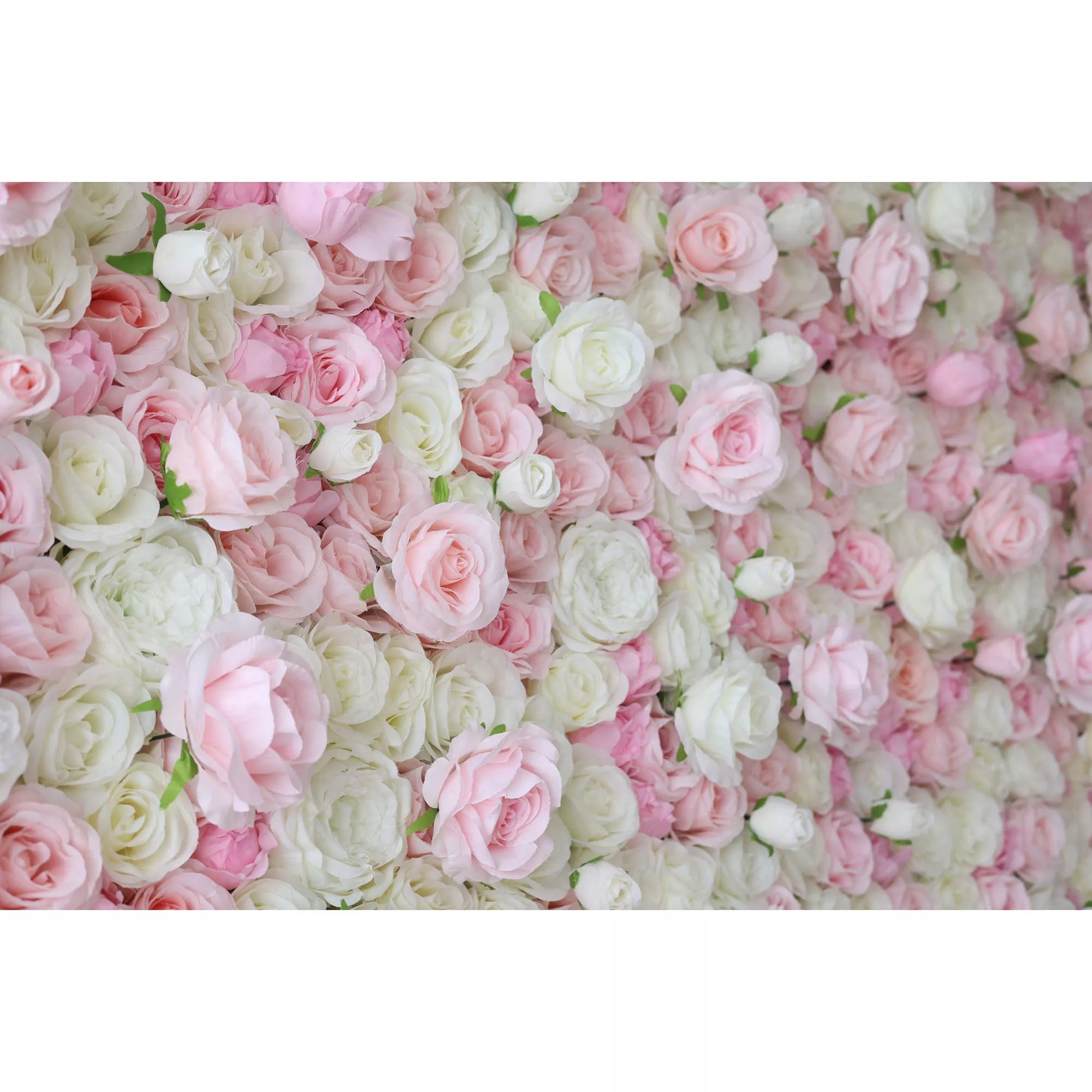 This is a close-up of a dense artificial flower wall, overflowing with a lush mix of soft pink, blush, and white roses and peonies. The tightly packed blooms create a romantic, textured, and dreamy display, ideal for wedding backdrops, photo shoots, or special event decor.