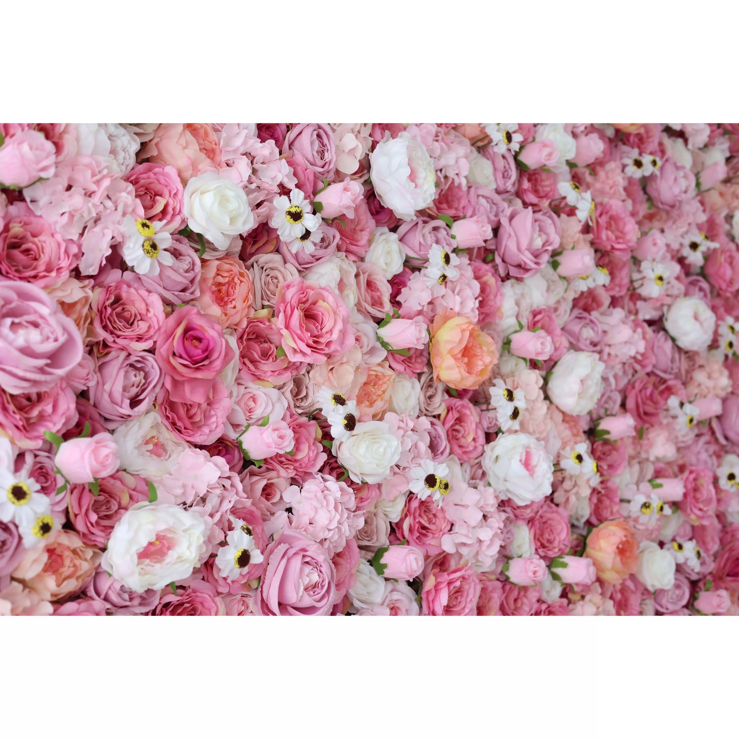 ValarFlowers artificial flower wall with lush roses, peonies, hydrangeas and greenery for wedding ceremony and photo booth backdrop