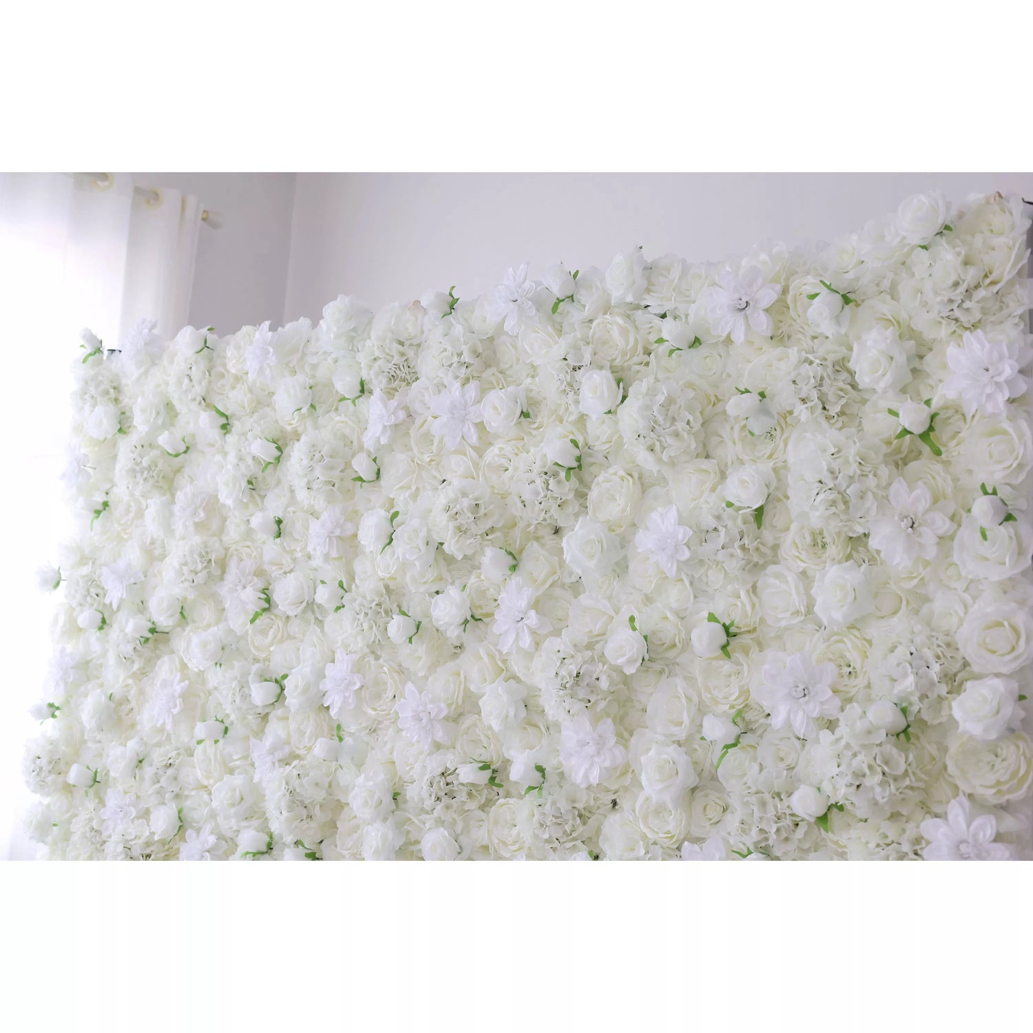 This flower wall is a lush, all - white masterpiece. It combines roses, delicate blossoms, and textured greenery, creating a soft, elegant texture. Perfect for weddings or events, the monochromatic design radiates romance and sophistication, serving as a dreamy backdrop for photos and decor.