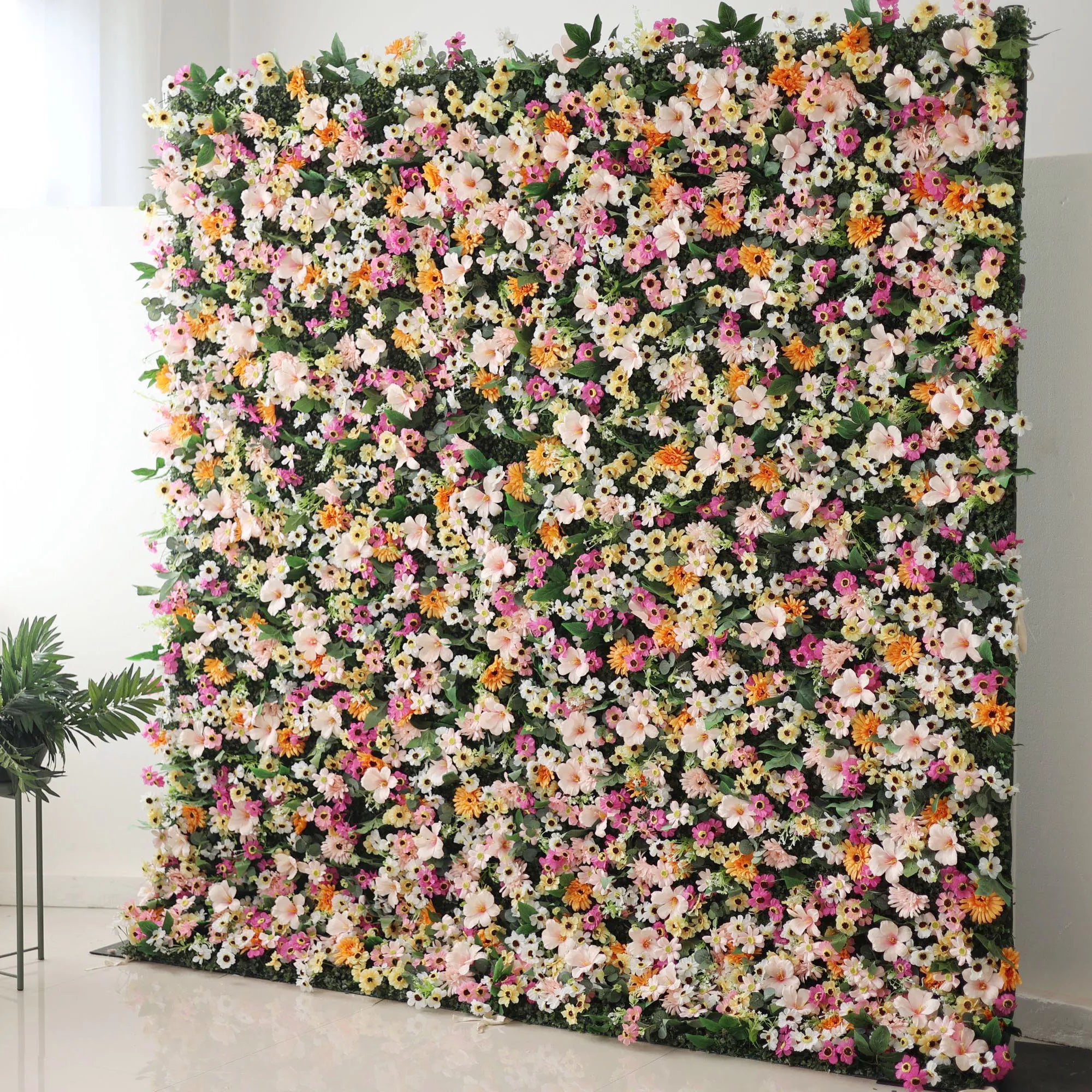 Valar Flower Roll Up Fabric Artificial Brown Mixed Pink and Fawn Double Colonial White and Green Leaves Floral Wall Wedding Backdrop, Floral Party Decor, Event Photography-VF-074