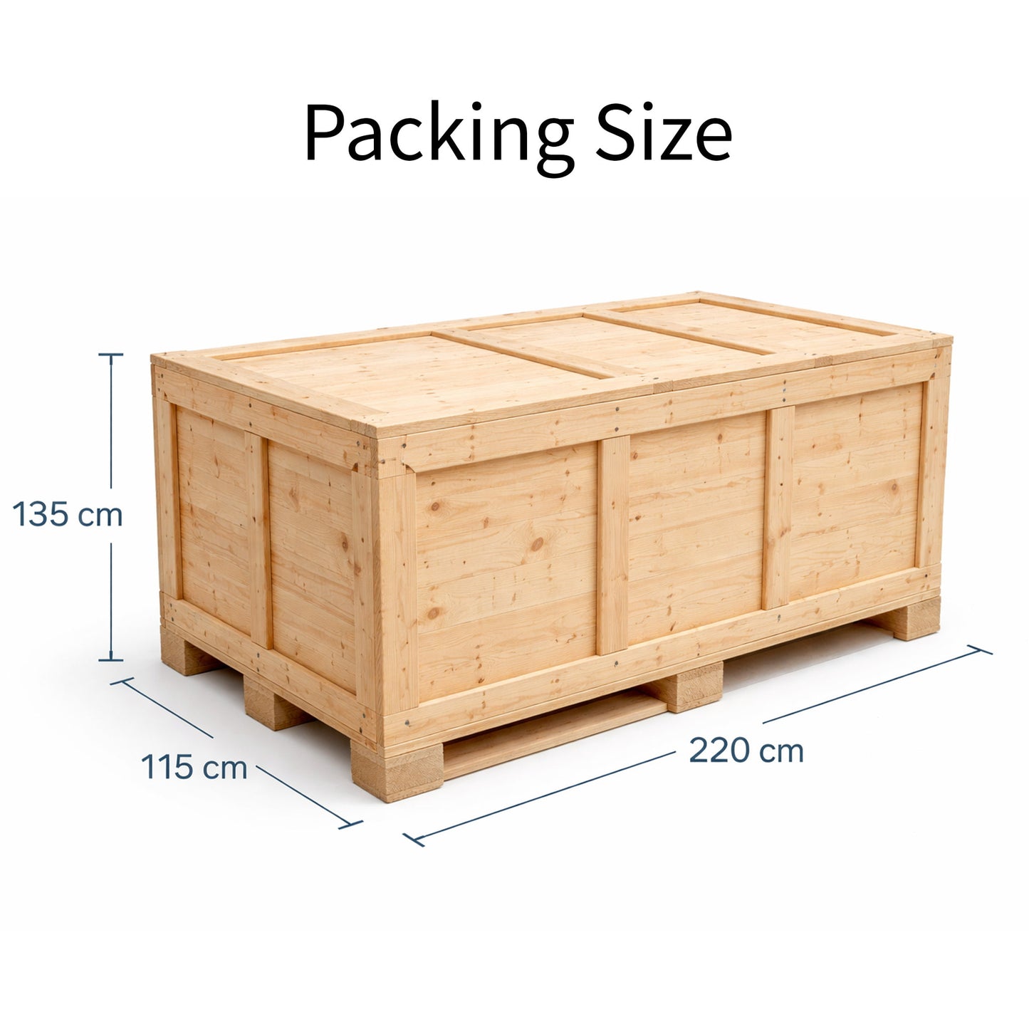 This technical image displays the packing size specifications for the decorative Cinderella-style wrought iron carriage. The heavy-duty wooden crate measures **220cm (length) x 115cm (width) x 135cm (height)**, engineered for secure shipping and transportation. Crafted from durable, reinforced wood with a pallet base, this packaging solution ensures safe delivery of large event props, making it ideal for wedding carriage rentals, event supply logistics, and international shipping of premium decorative i