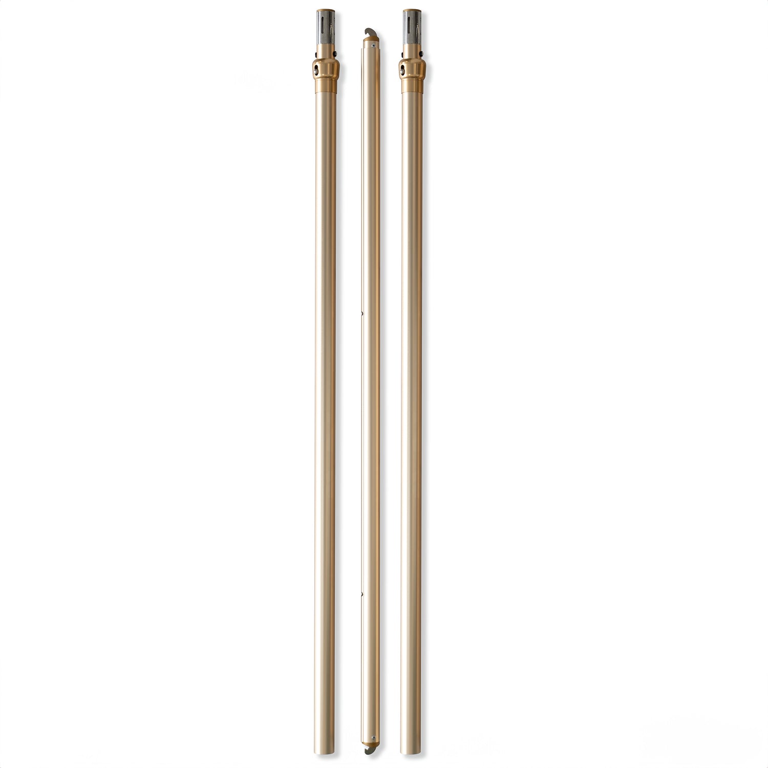 The image displays three metallic poles in a golden hue. Two of the poles are taller with caps on their top ends, featuring small holes and connectors, likely for assembling a structure. The third pole is shorter and slimmer, positioned between the two taller ones. These poles appear to be parts of a backdrop stand or similar setup, designed for events or photography.