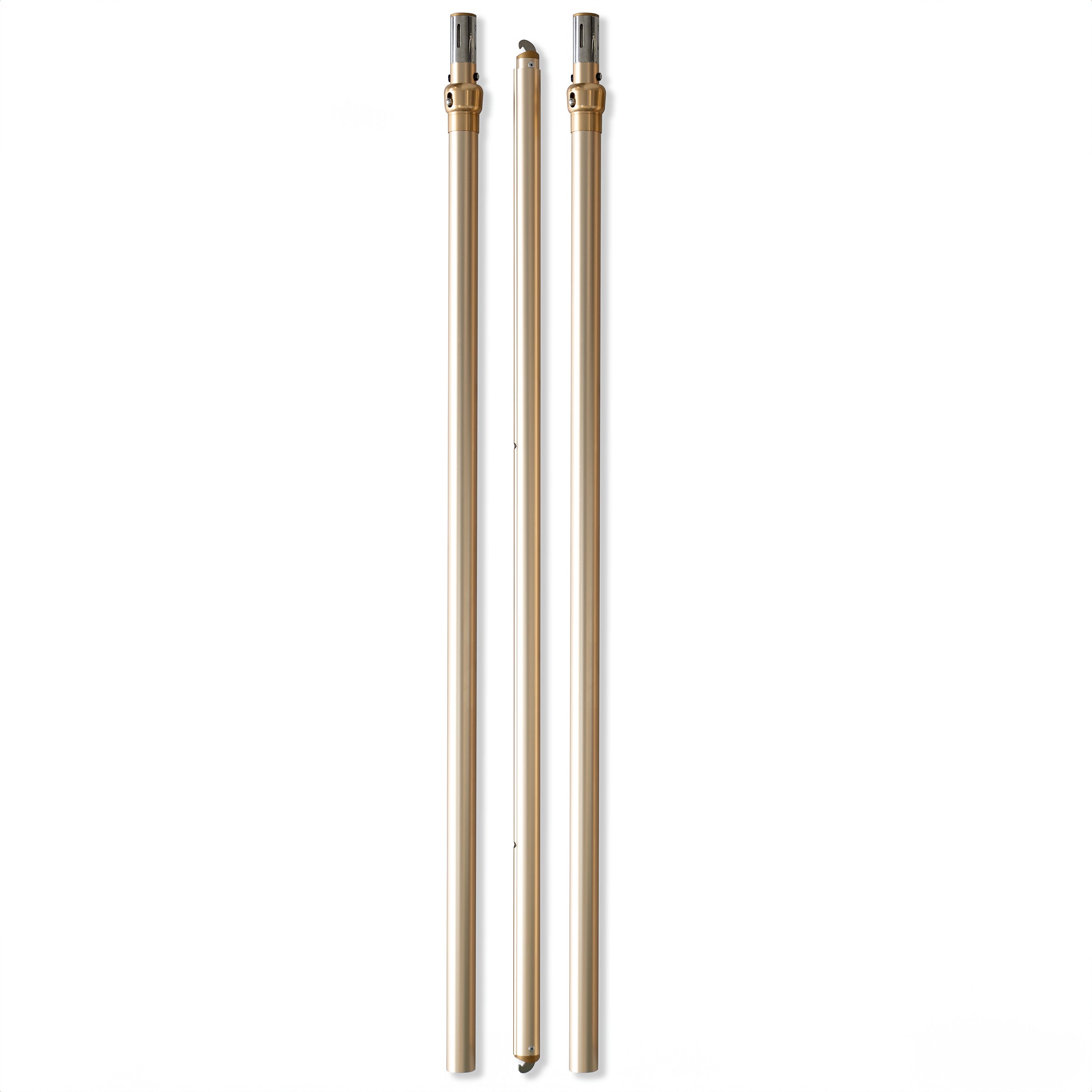 The image displays three metallic poles in a golden hue. Two of the poles are taller with caps on their top ends, featuring small holes and connectors, likely for assembling a structure. The third pole is shorter and slimmer, positioned between the two taller ones. These poles appear to be parts of a backdrop stand or similar setup, designed for events or photography.