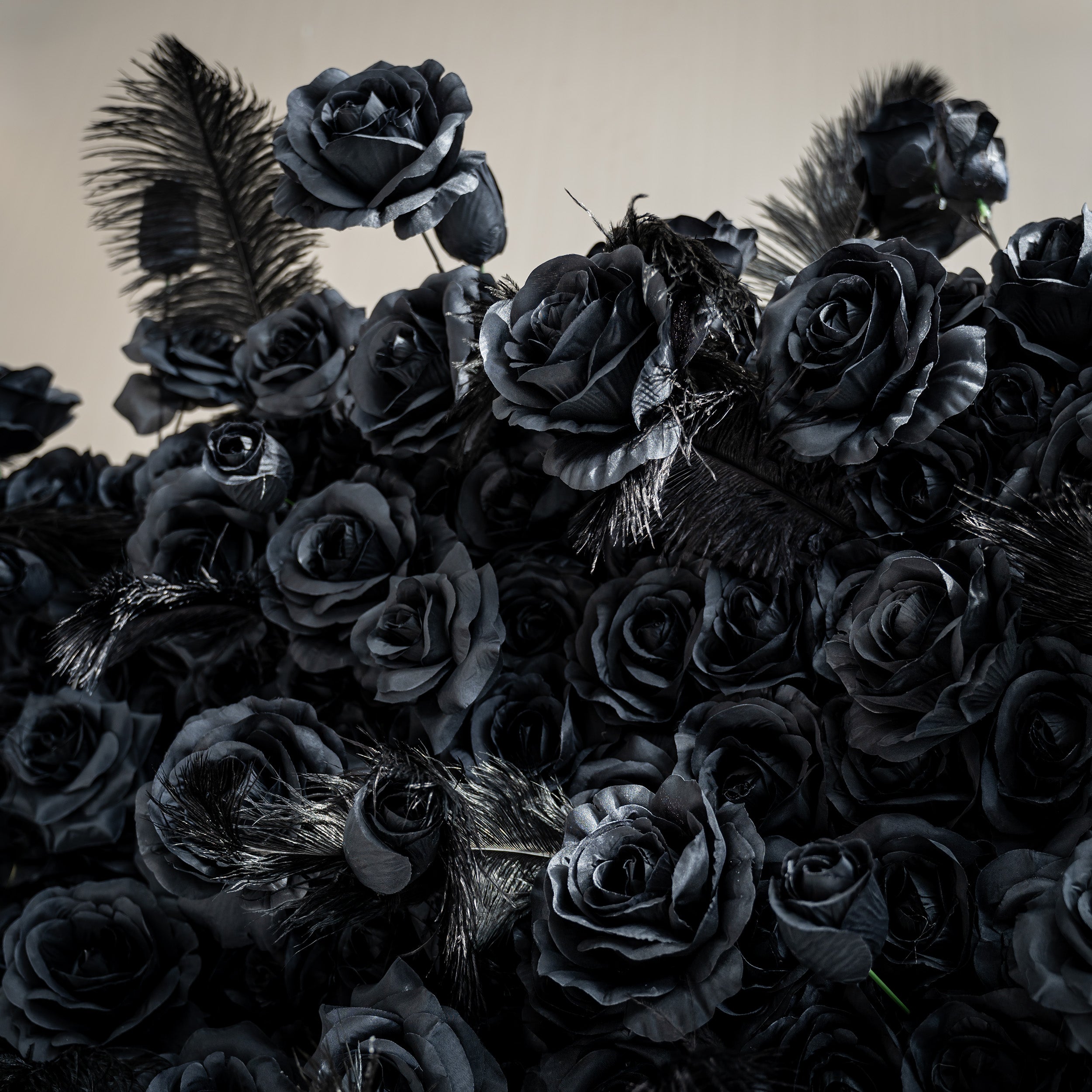 The image showcases a close - up of the black rose wall. Each black rose is intricately designed with layers of petals, giving them a realistic and luxurious appearance. Feathers are interspersed among the roses, adding a touch of elegance and drama. The overall effect is a rich, opulent backdrop that exudes sophistication.